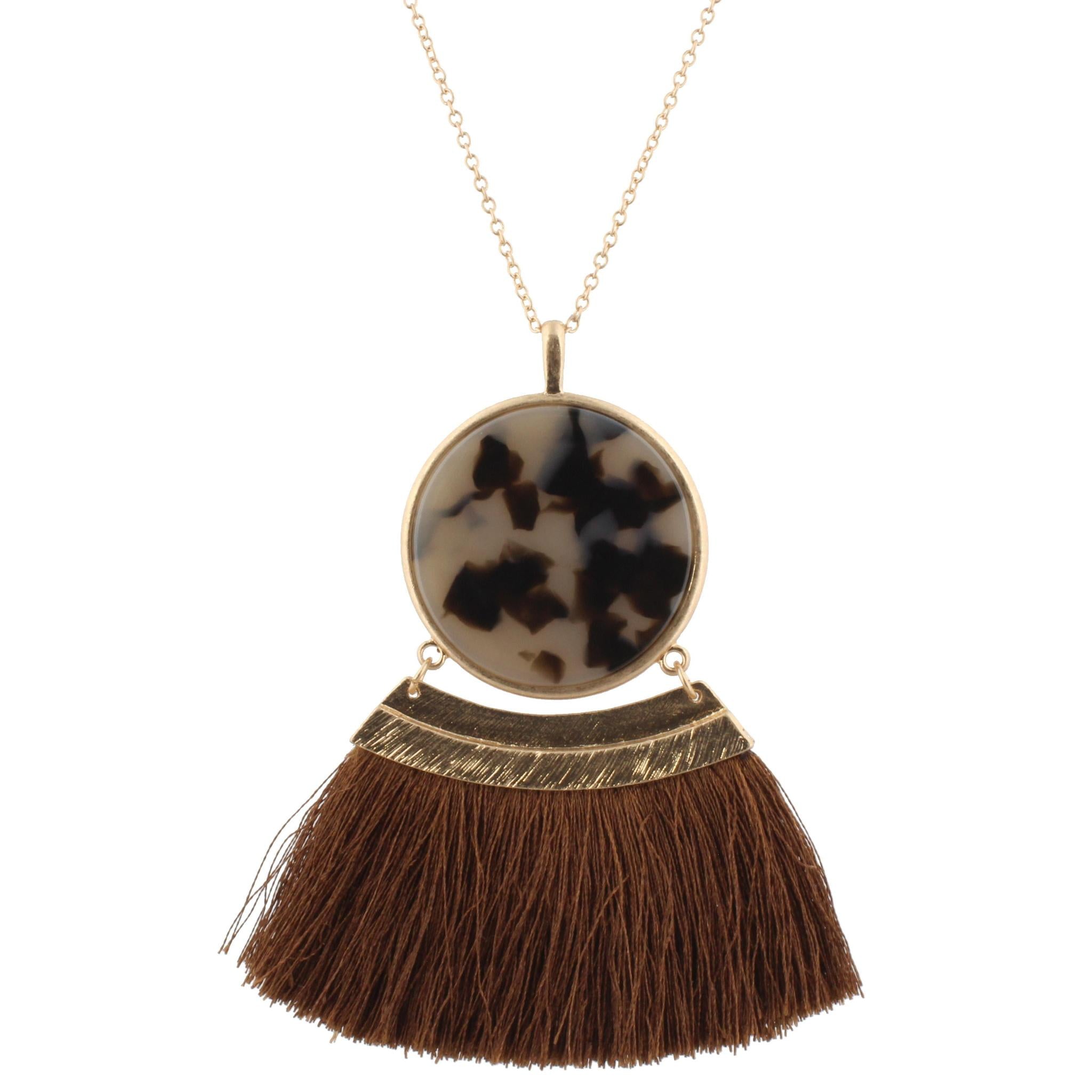 30" Chain Necklace with Double Sided White Marbled/Grey Black Resin Circle and Brown Fan, 3" Ext