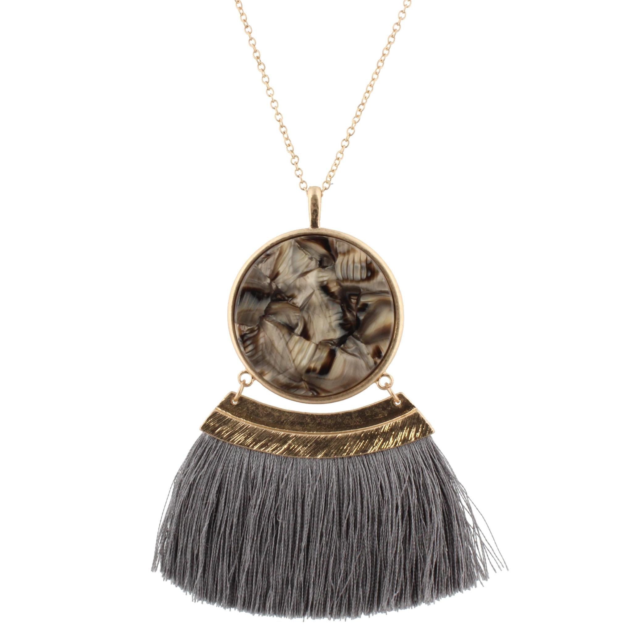 30" Chain Necklace with Double Sided Brown, Black Marbled/Mint Multi Resin Circle and Grey Fan, 3"