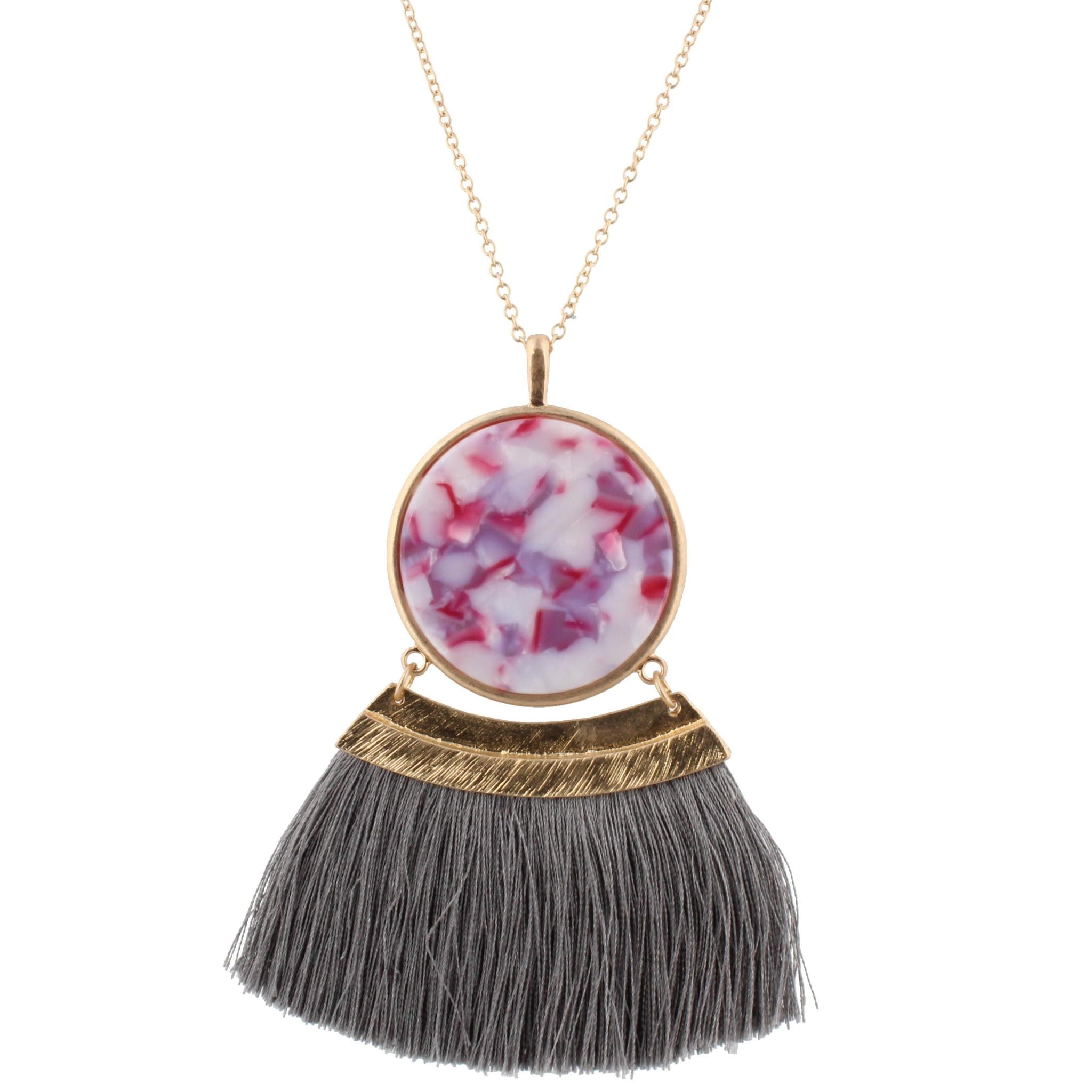 30" Chain Necklace with Double Sided White Marbled/Pink, Purple White Resin Circle and Grey Fan, 3" Ext