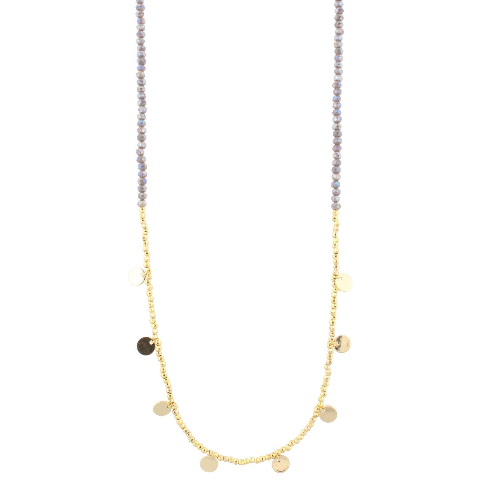 30" AB Grey Beaded Necklace with Gold Beads & Disks, 3" Ext