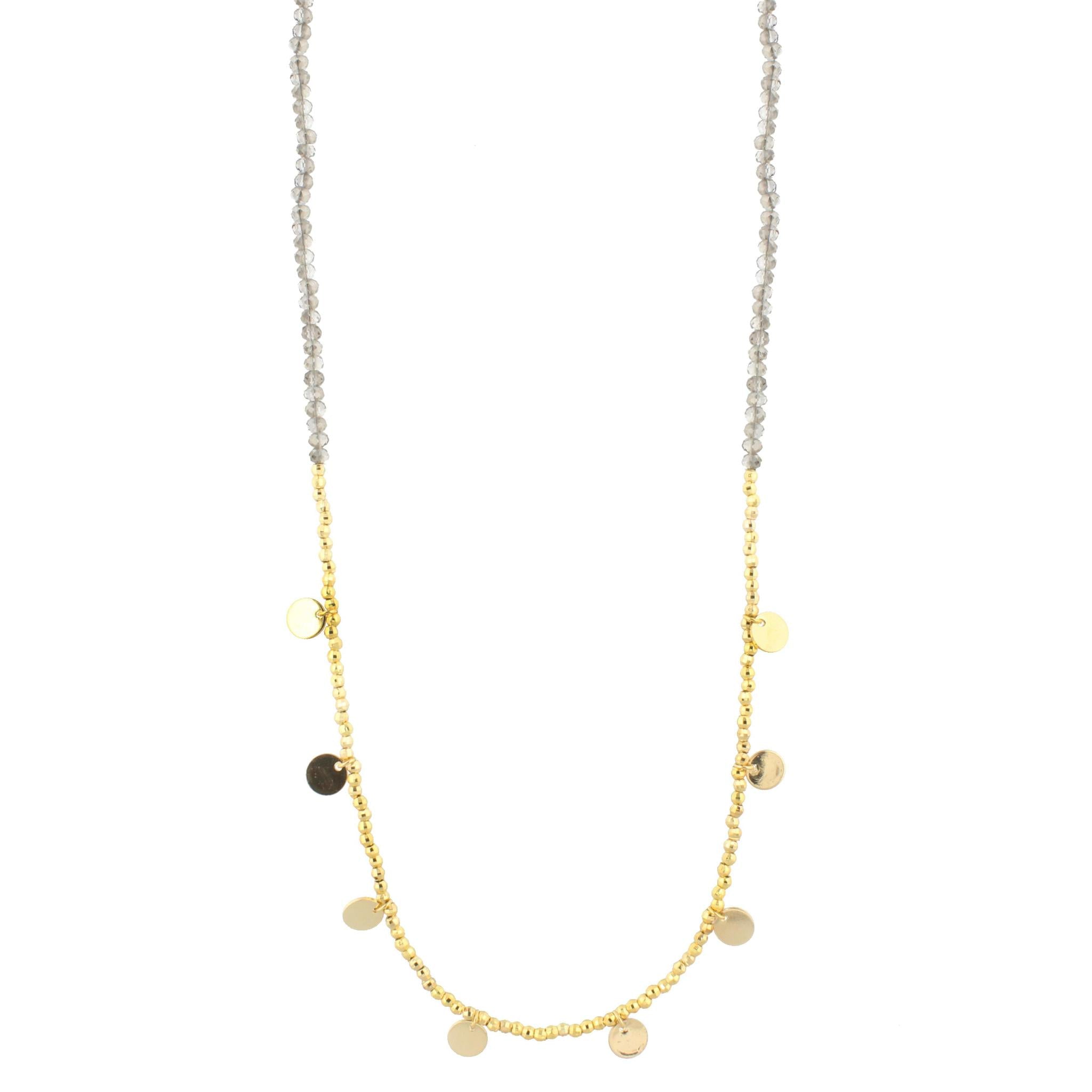 30" Grey Beaded with Necklace Gold Beads & Disks, 3" Ext