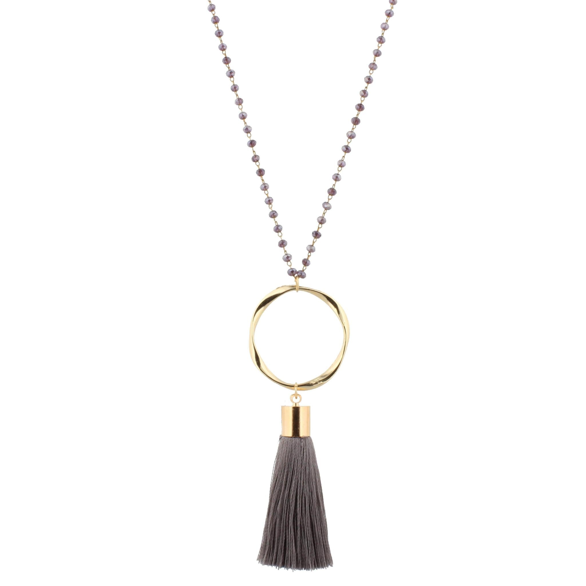 28" Dark Purple Beaded Necklace with Wavy Circle & Dark Grey Tassel, 3" Ext