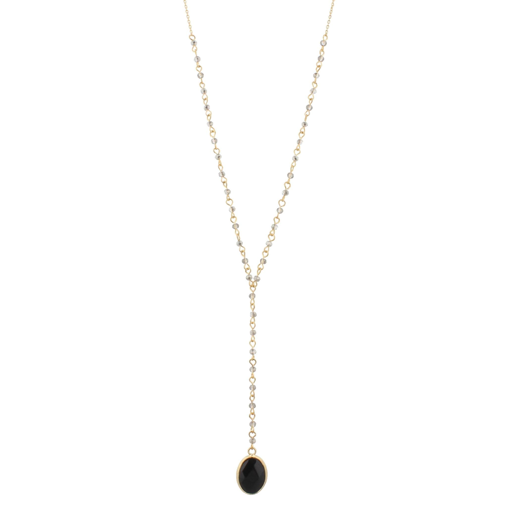 32" Delicate Black Diamond Y Necklace with Jet Stone, 3" Ext