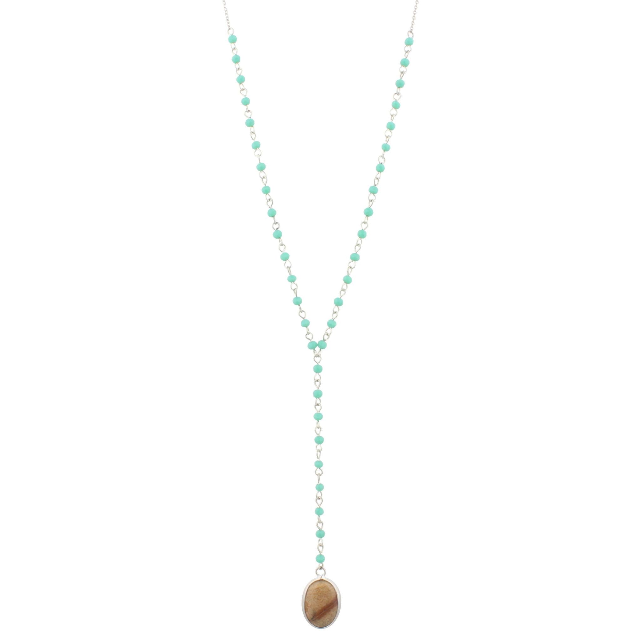 32" Delicate Silver Mint Y Necklace with Picture Jasper Stone, 3" Ext