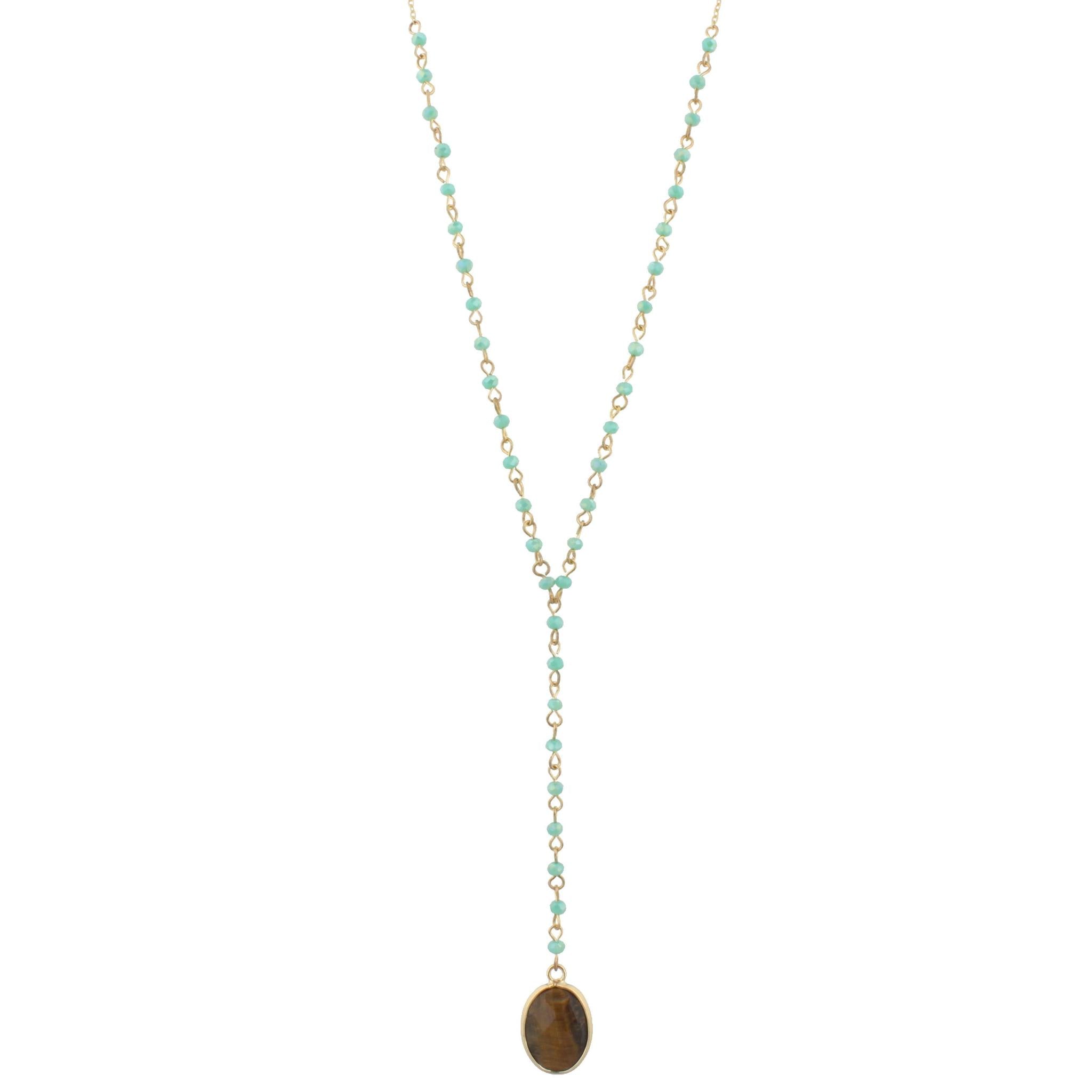 32" Delicate Mint Y Necklace with Tigers Eye Stone, 3" Ext