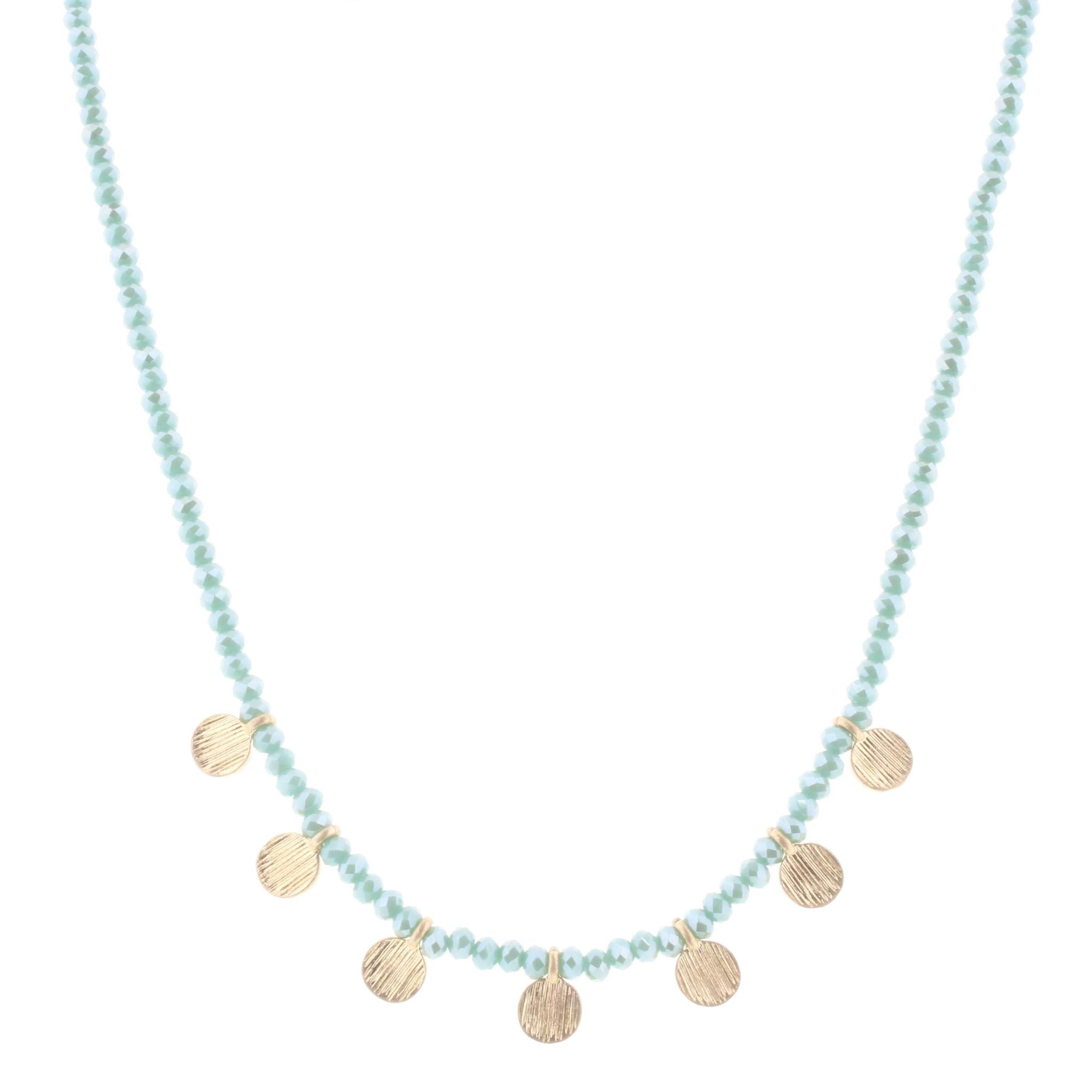 16" Mint Beaded Necklace with Gold Disks, 3" Ext