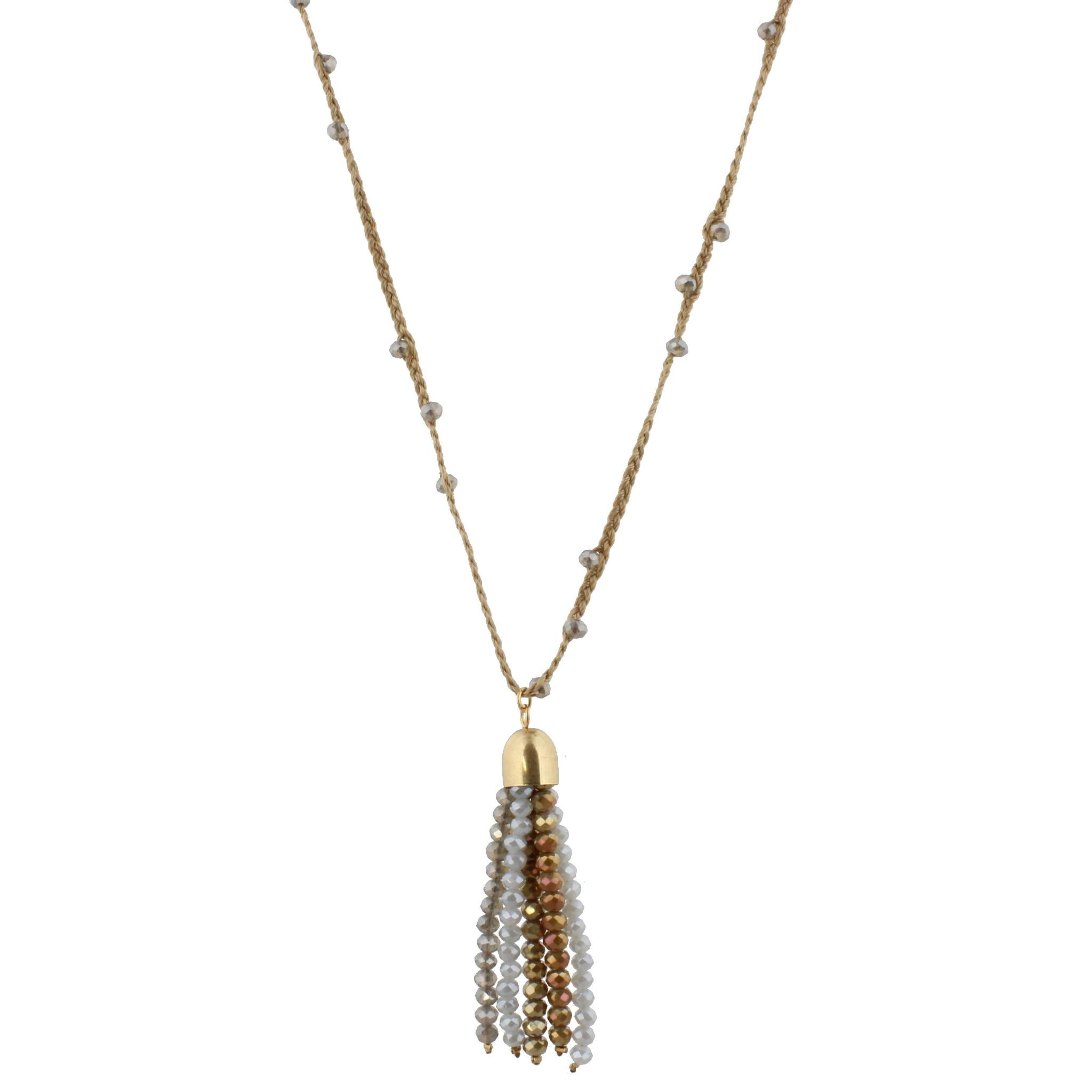 32" Tan Braided Body Necklace with Greige and Grey Beaded Tassel