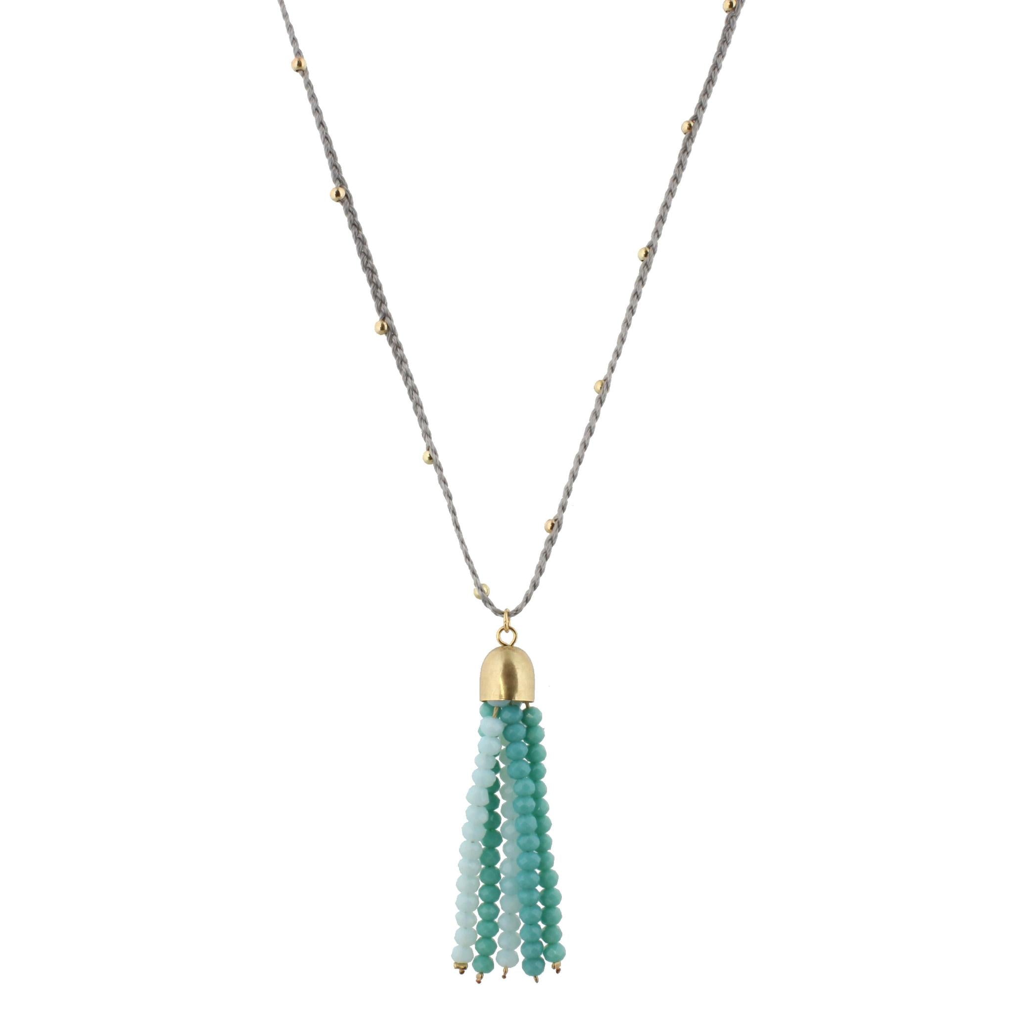32" Grey Braided Body Necklace with Multi Mint Beaded Tassel