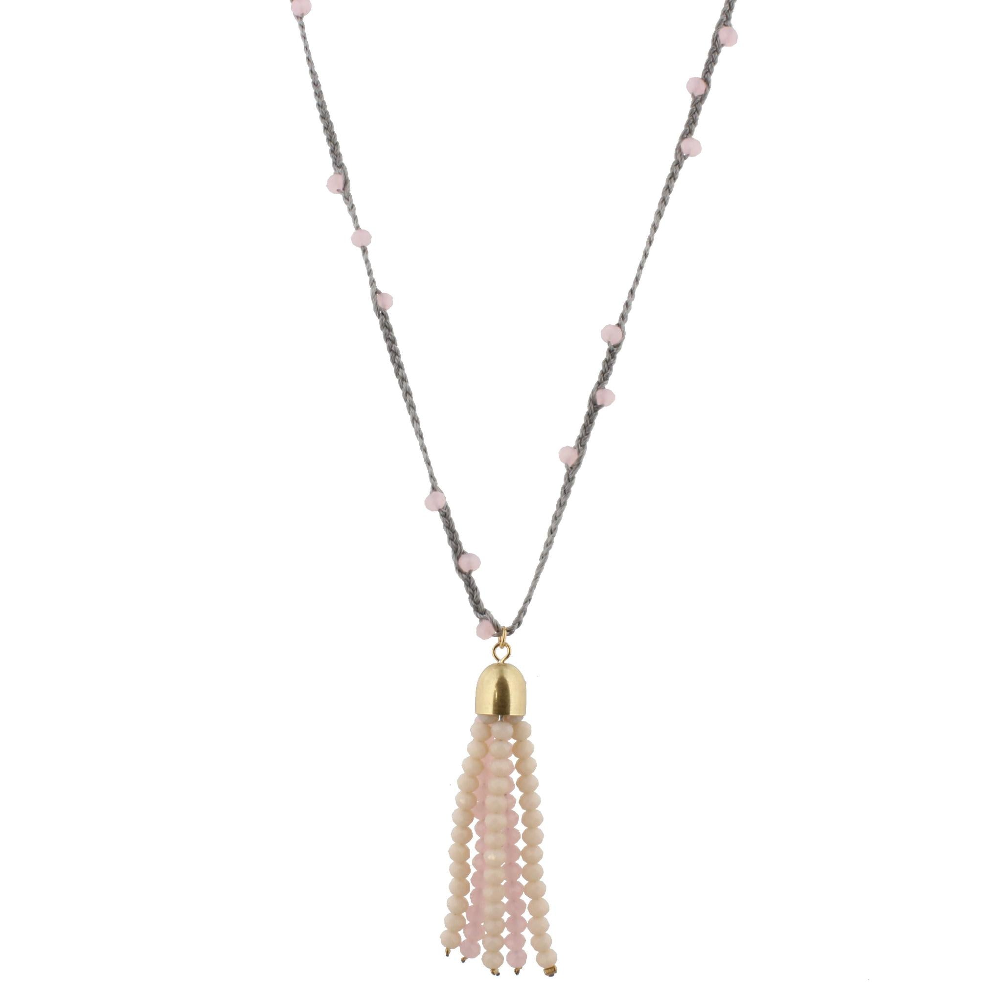 32" Grey Braided Body Necklace with Multi Pink Beaded Tassel