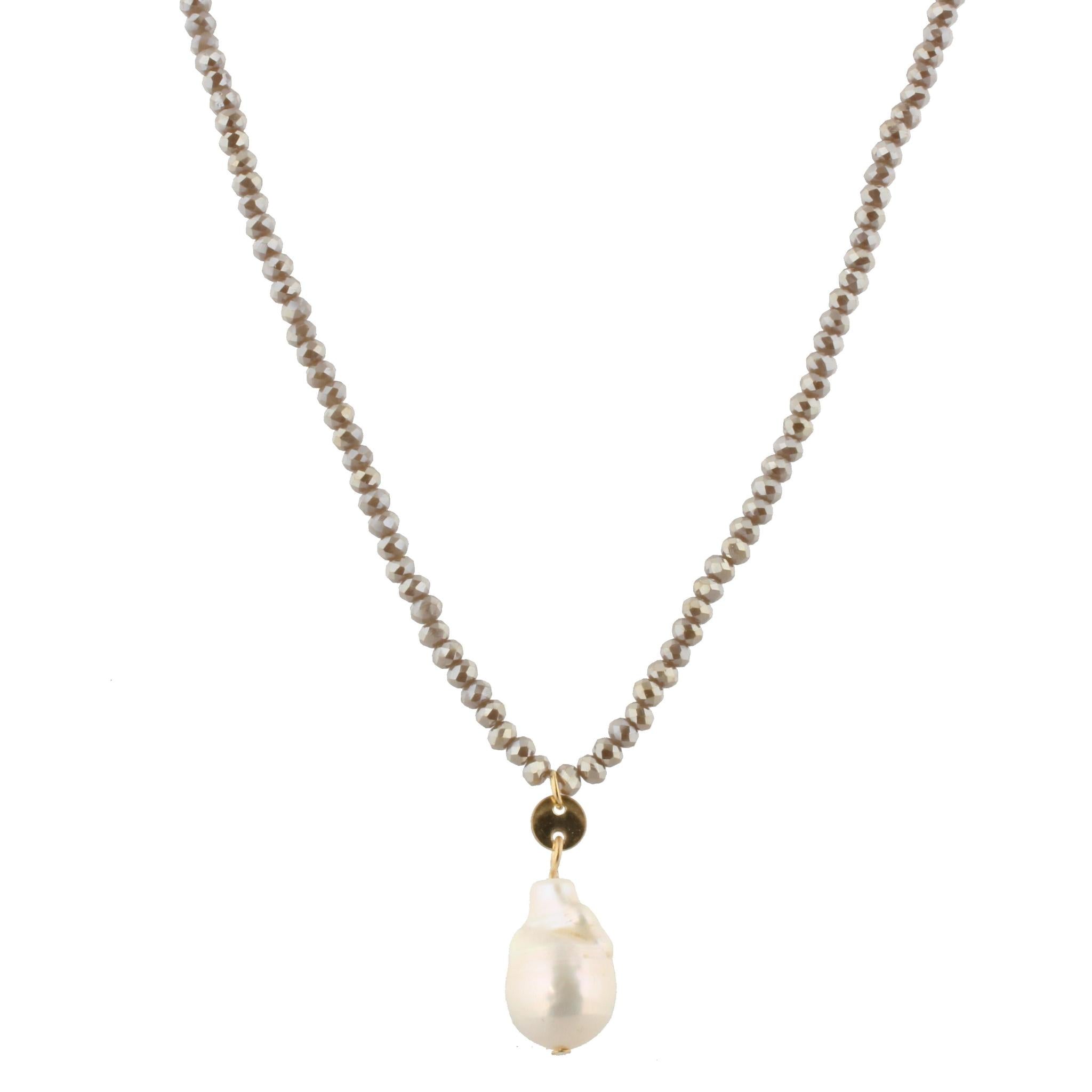 32" Greige Beaded Necklace with Baroque Pearl, 3" Ext