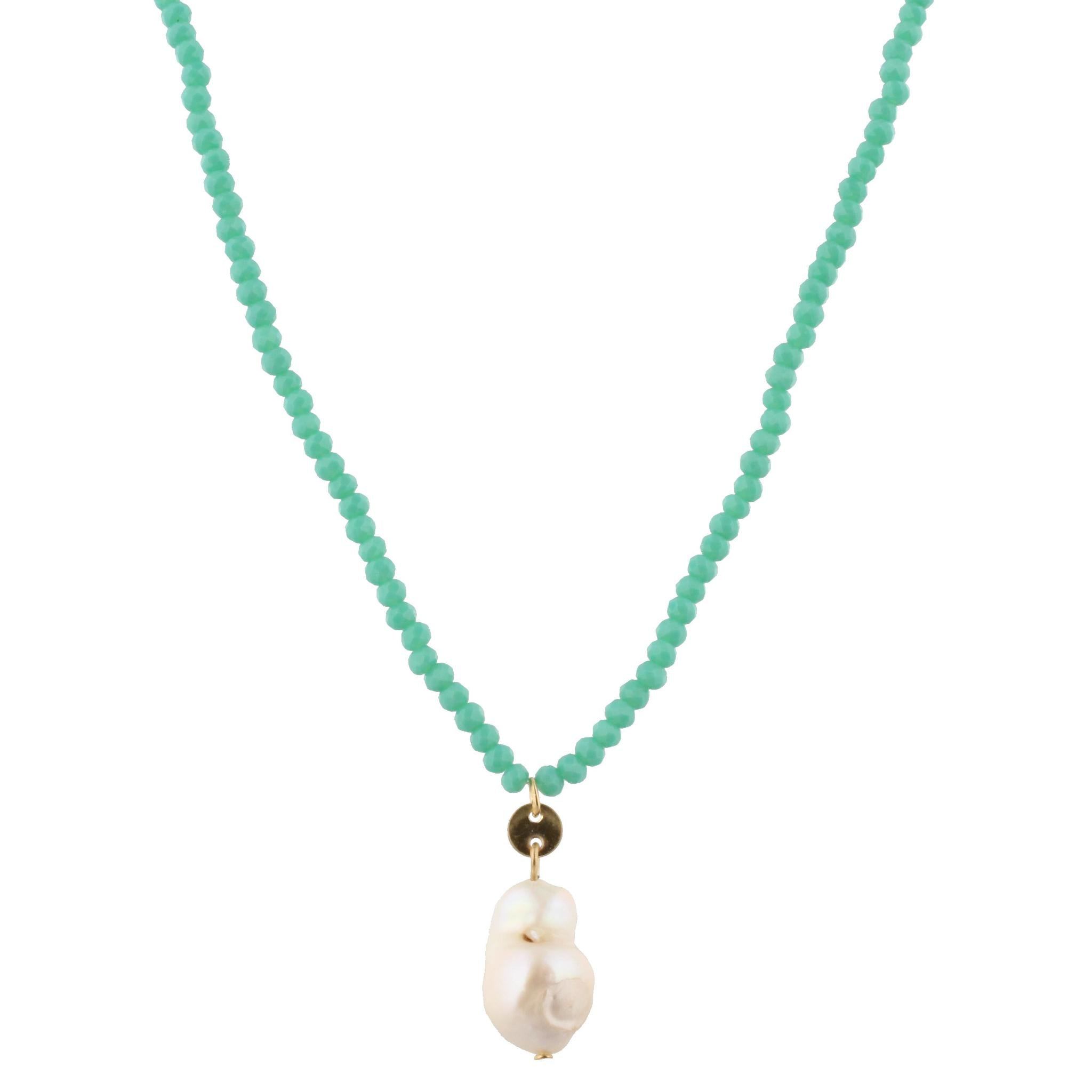 32" Mint Beaded Necklace with Baroque Pearl, 3" Ext