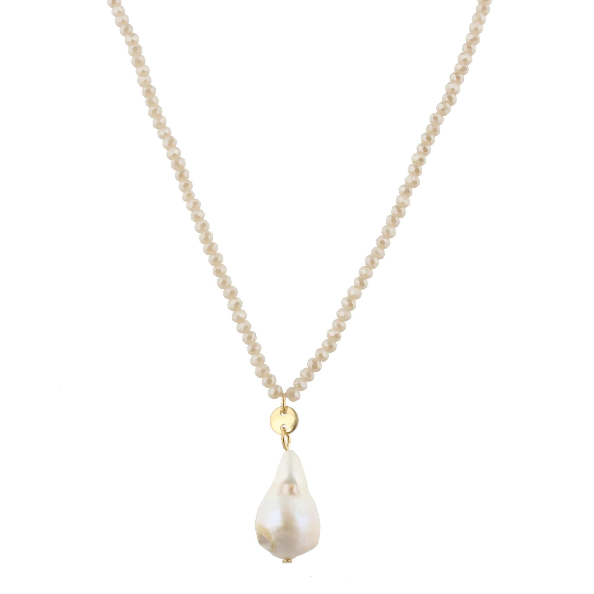 32" Nude Beaded Necklace with Baroque Pearl, 3" Ext
