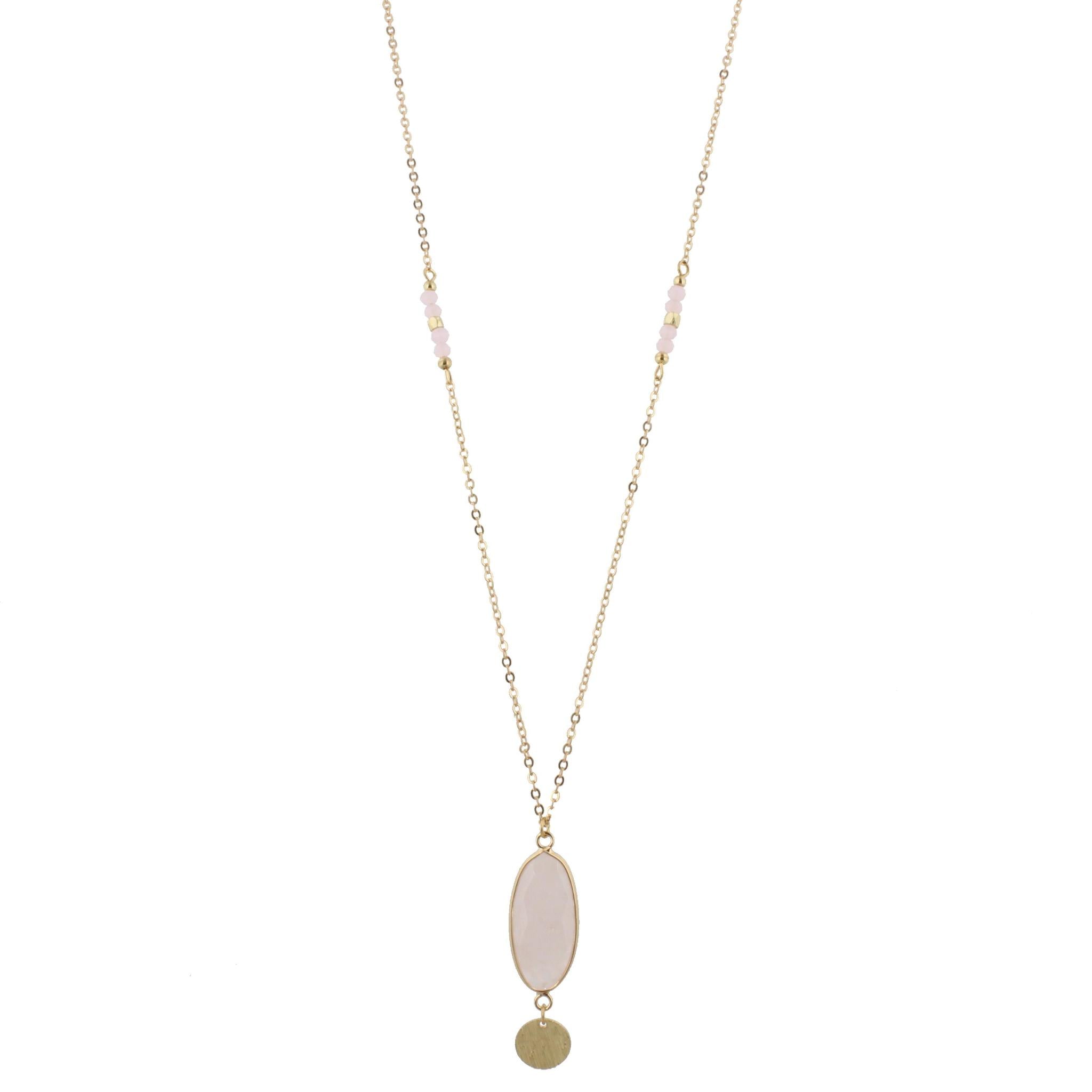 32" Faceted Pink Quartz Stone Necklace with Gold Disk Dangle, 3" Ext