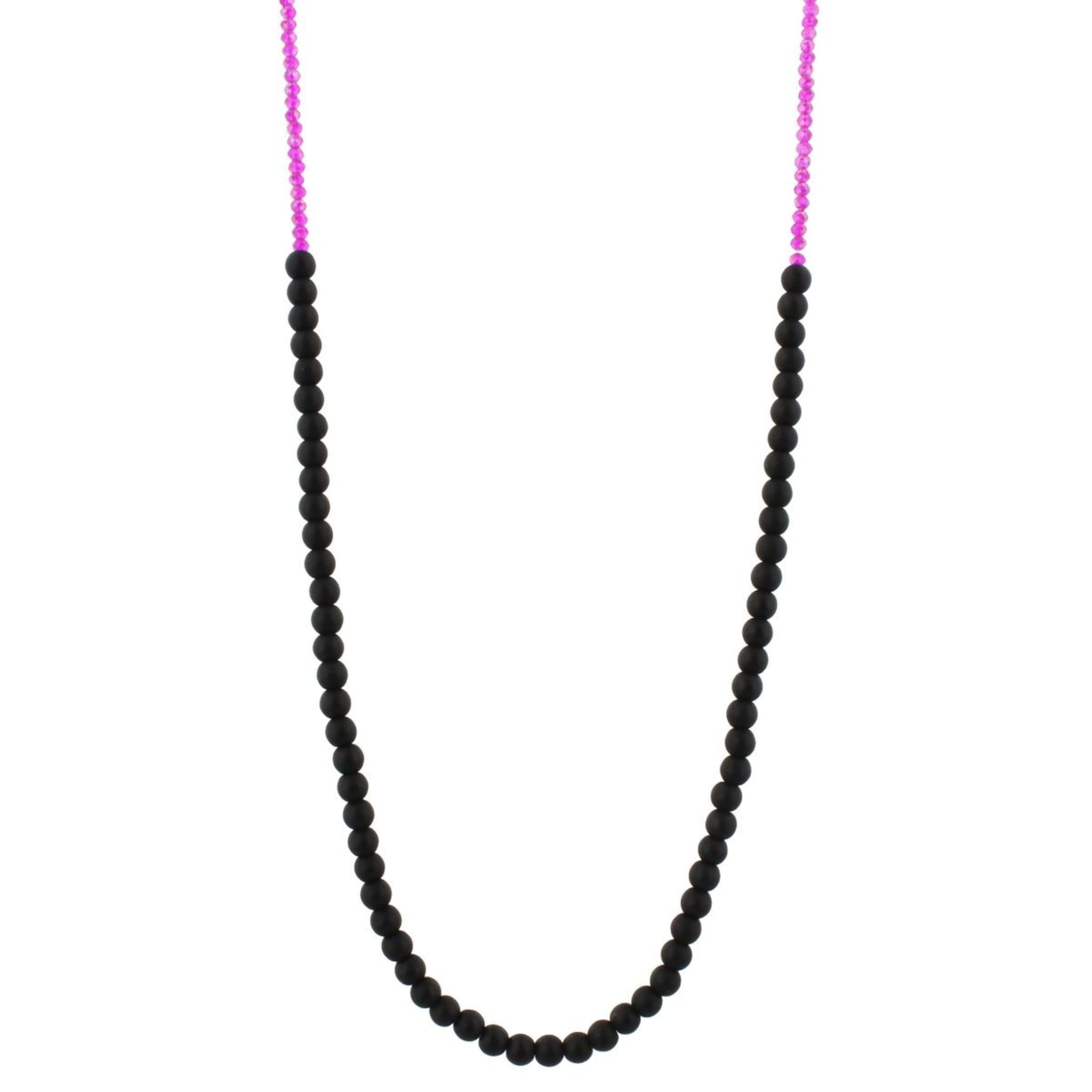 32" Mate Black onyx Stone Beaded Necklace with Hot Pink Beads, 3" Ext
