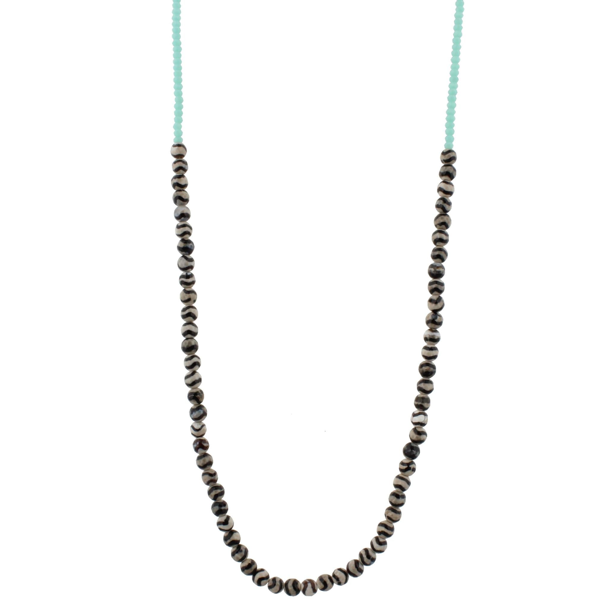 32" Black Wavy Tibetan Stone Beaded Necklace with Aqua Beads, 3" Ext