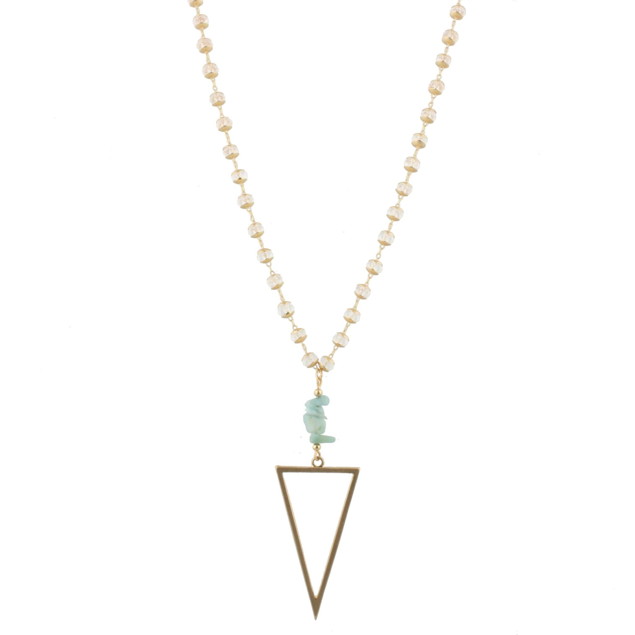 34" Sealed Link Clear Faceted Bead Necklace with Gold Fitted Disks and Amazonite Stack Stones with Gold Triangle, 3" Ext