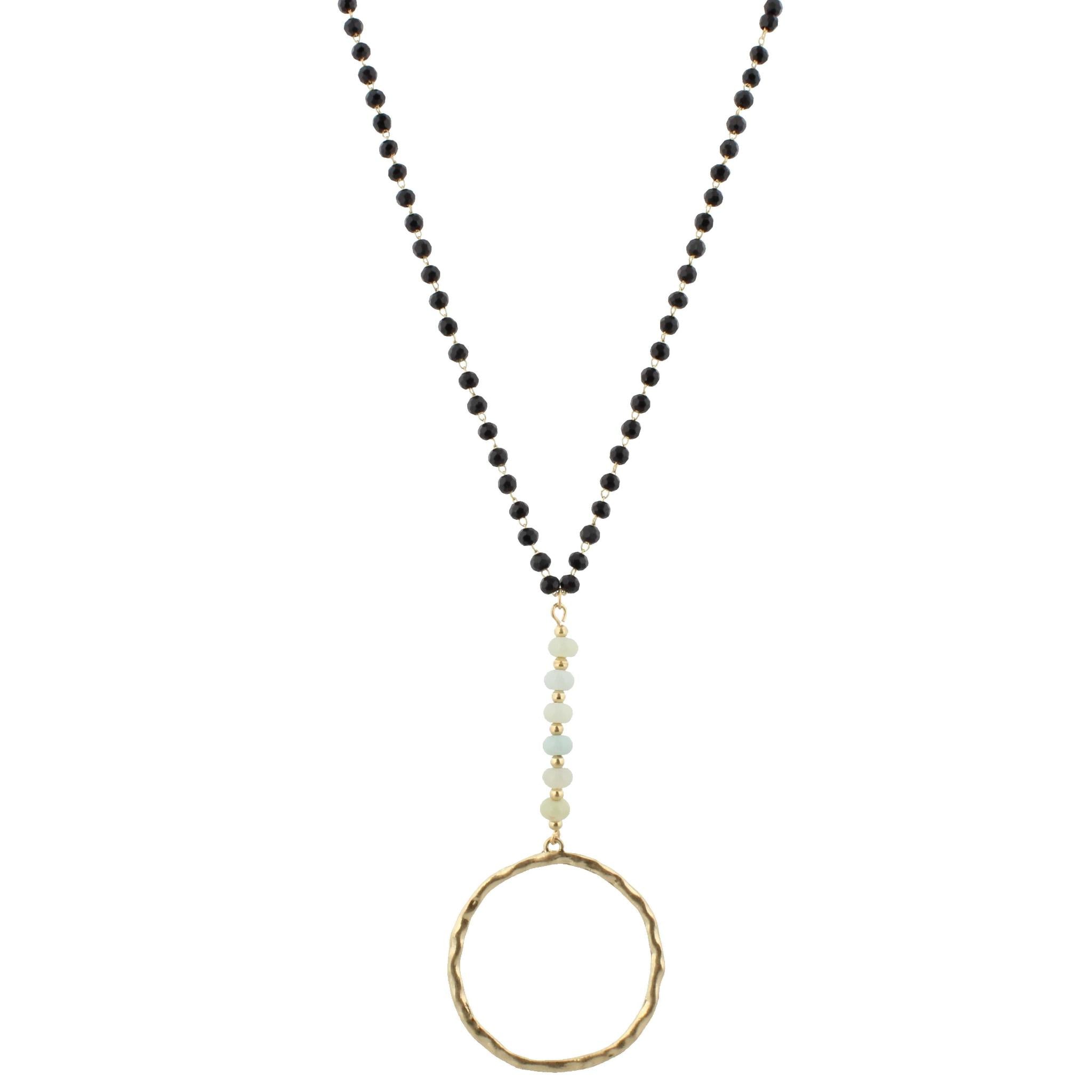32" Matte Jet Linked Necklace with Amazonite Polished Stones and Circle, 3" Ext