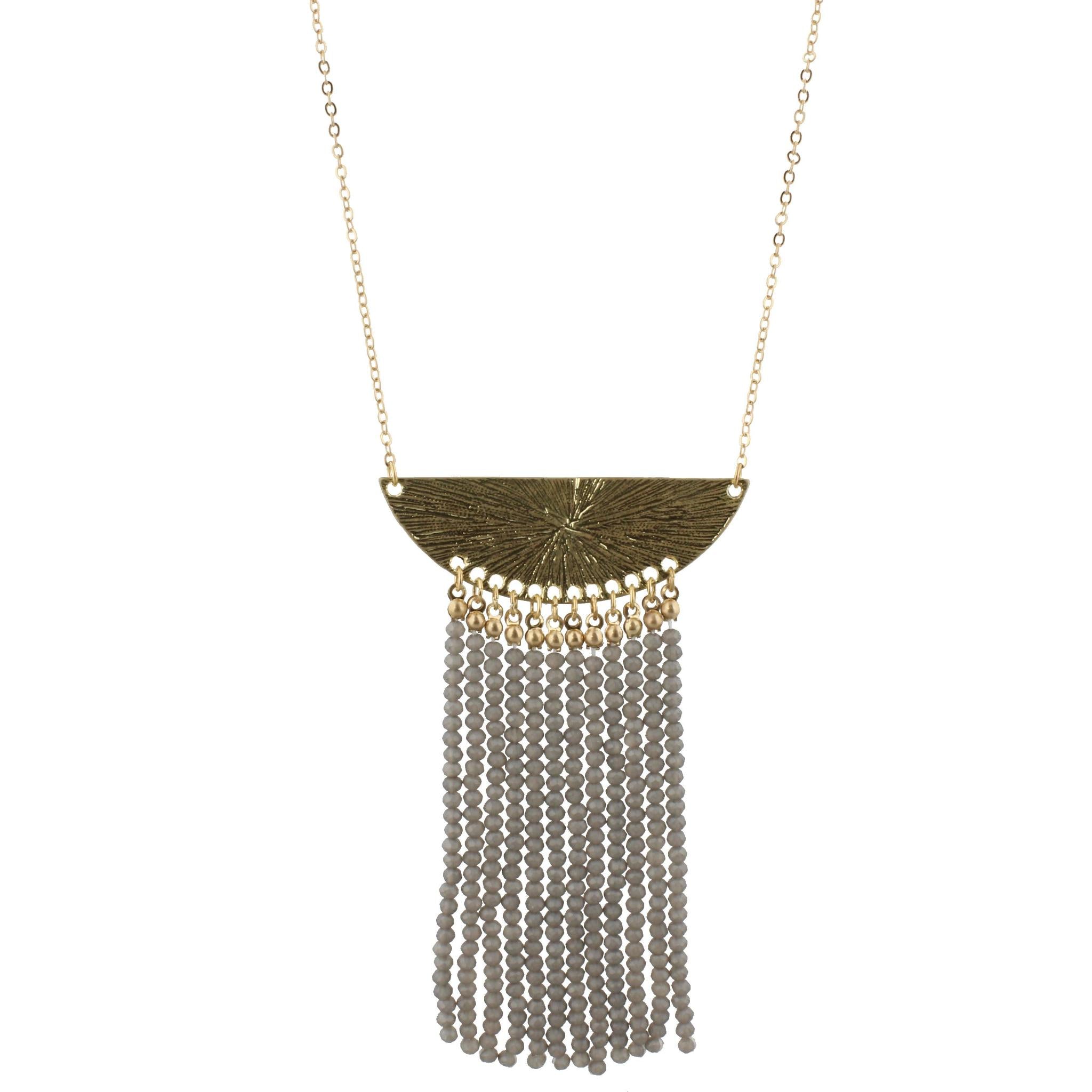 32" Gold Bib Necklace with 3.5" Stone Grey Beaded Tassel, 3" Ext