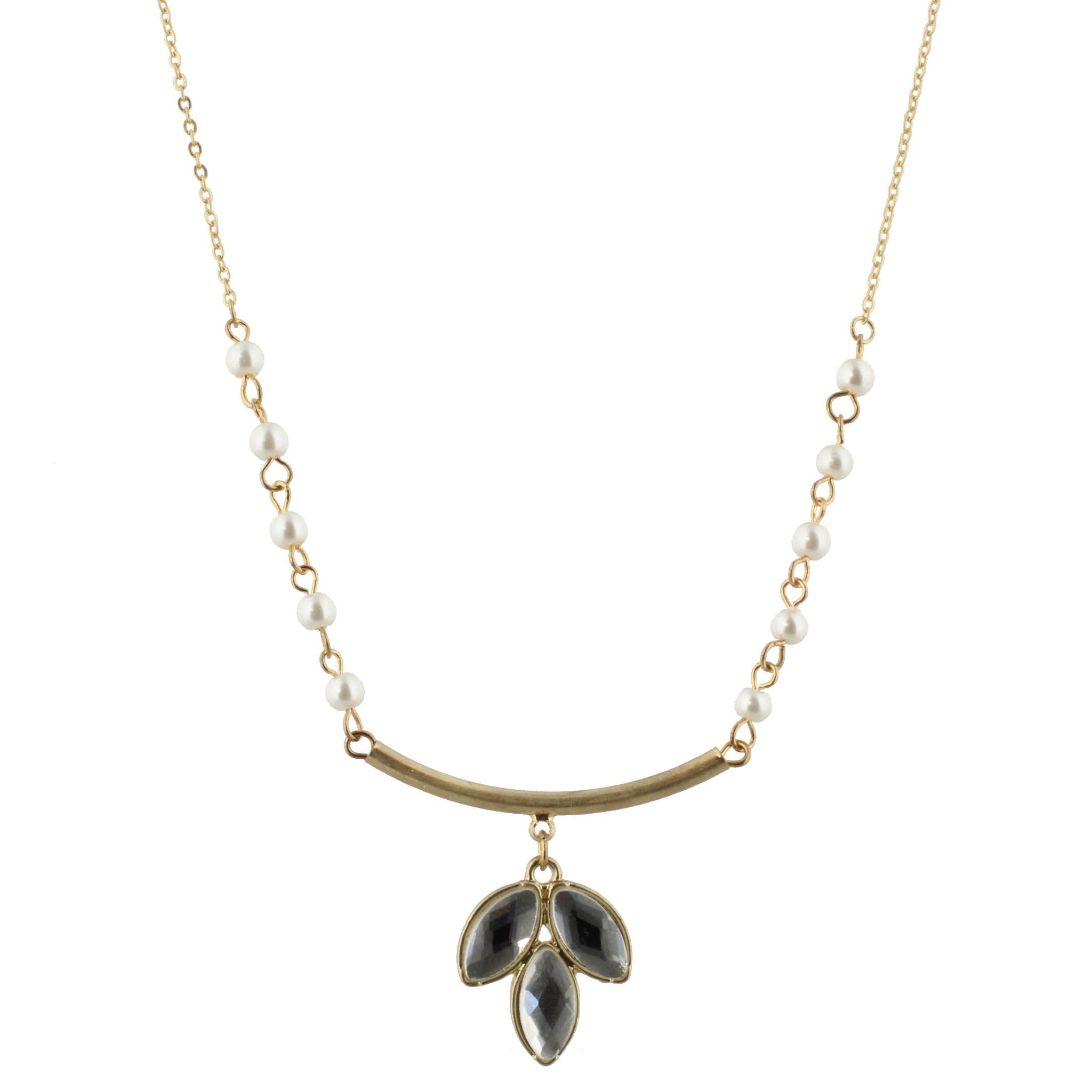 30" Pearl with Gold Curved Bar Necklace with Rhinestone Leaf, 3" Ext