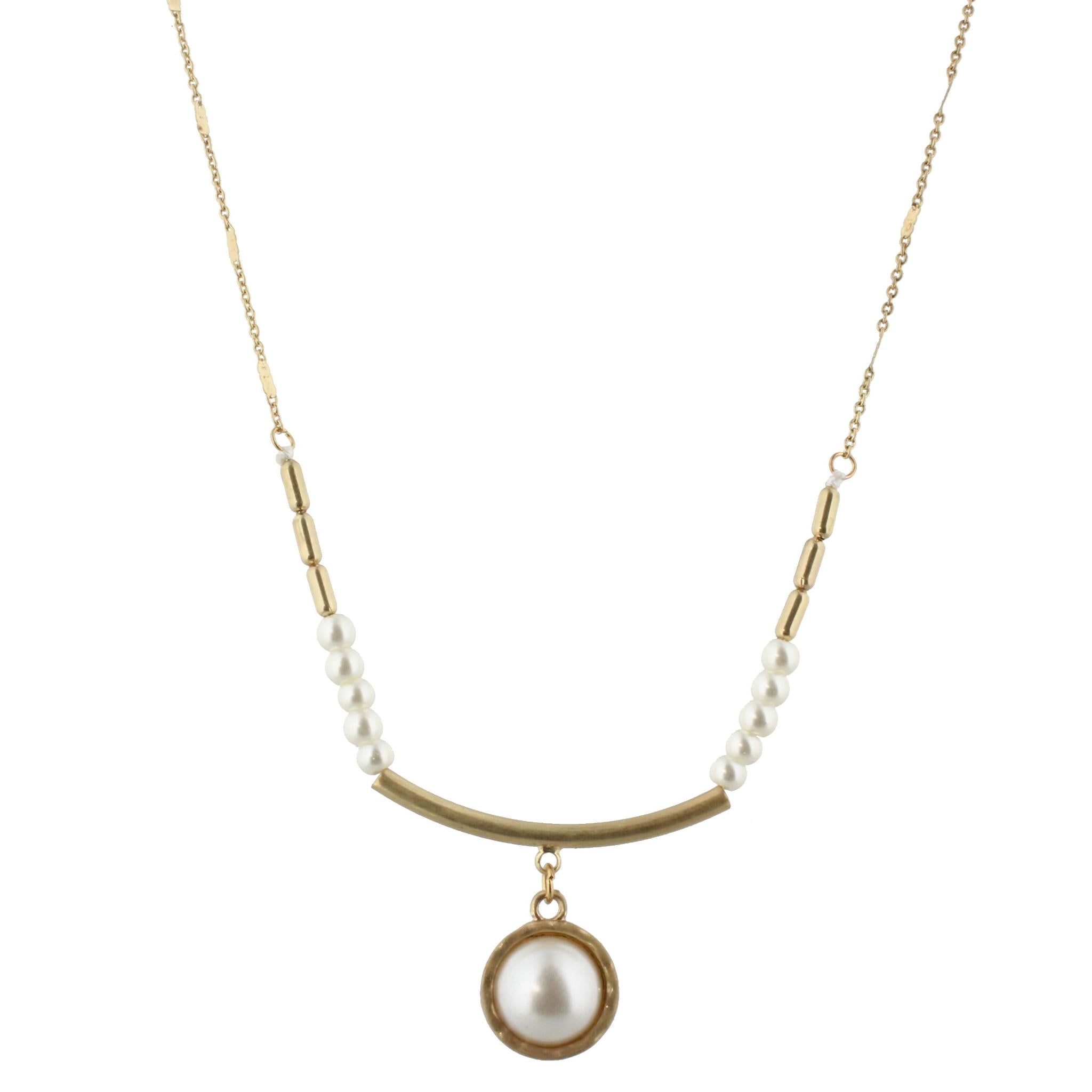 30" Pearl with Gold Curved Bar Necklace with Round Pearl Cabachon, 3" Ext