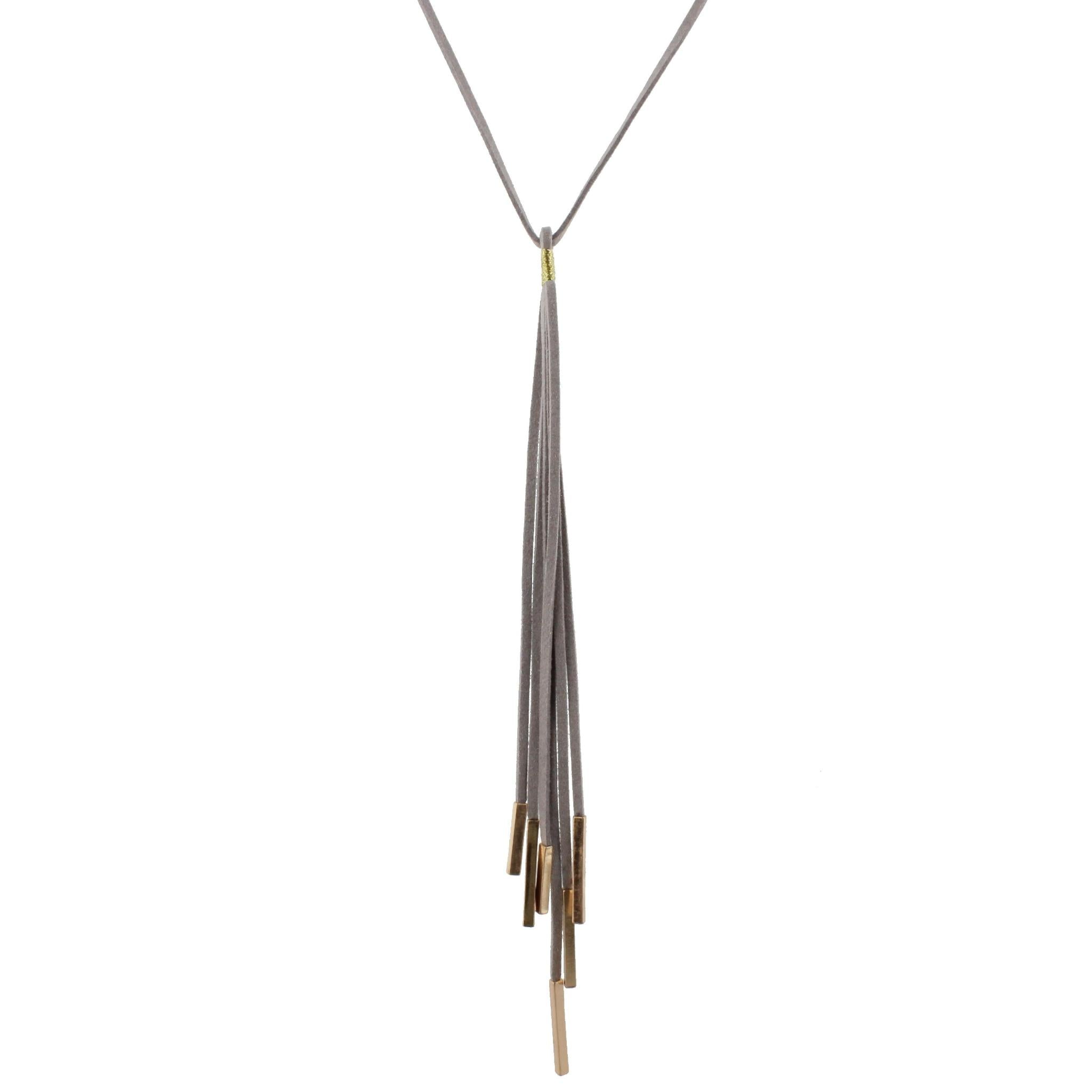 28" Grey Leather Necklace with Grey 10" Tassel and Gold Rectangle Endings, 3" Ext