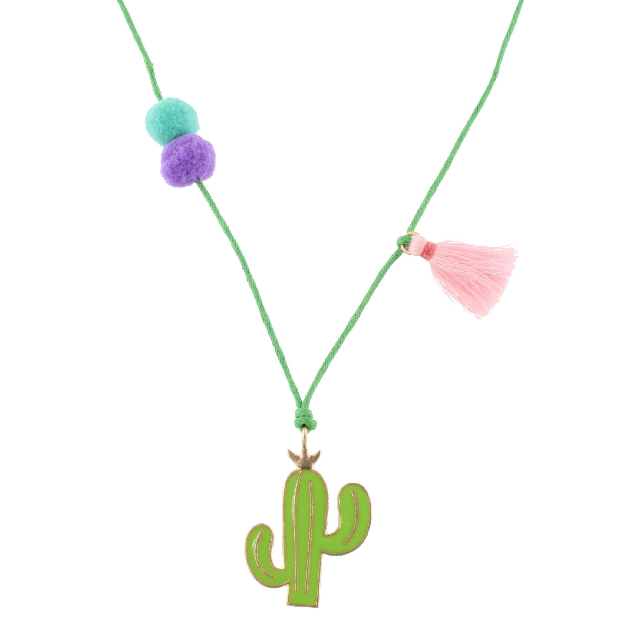 Kids 14" Adjustable Green Cord Necklace with Epoxy Cactus