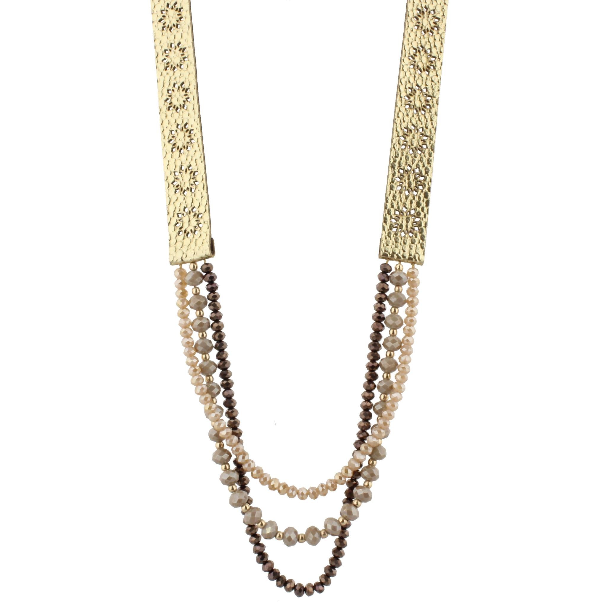 20" Gold Metallic Leather with Grey and Griege Multi Strands Necklace, 3" Ext