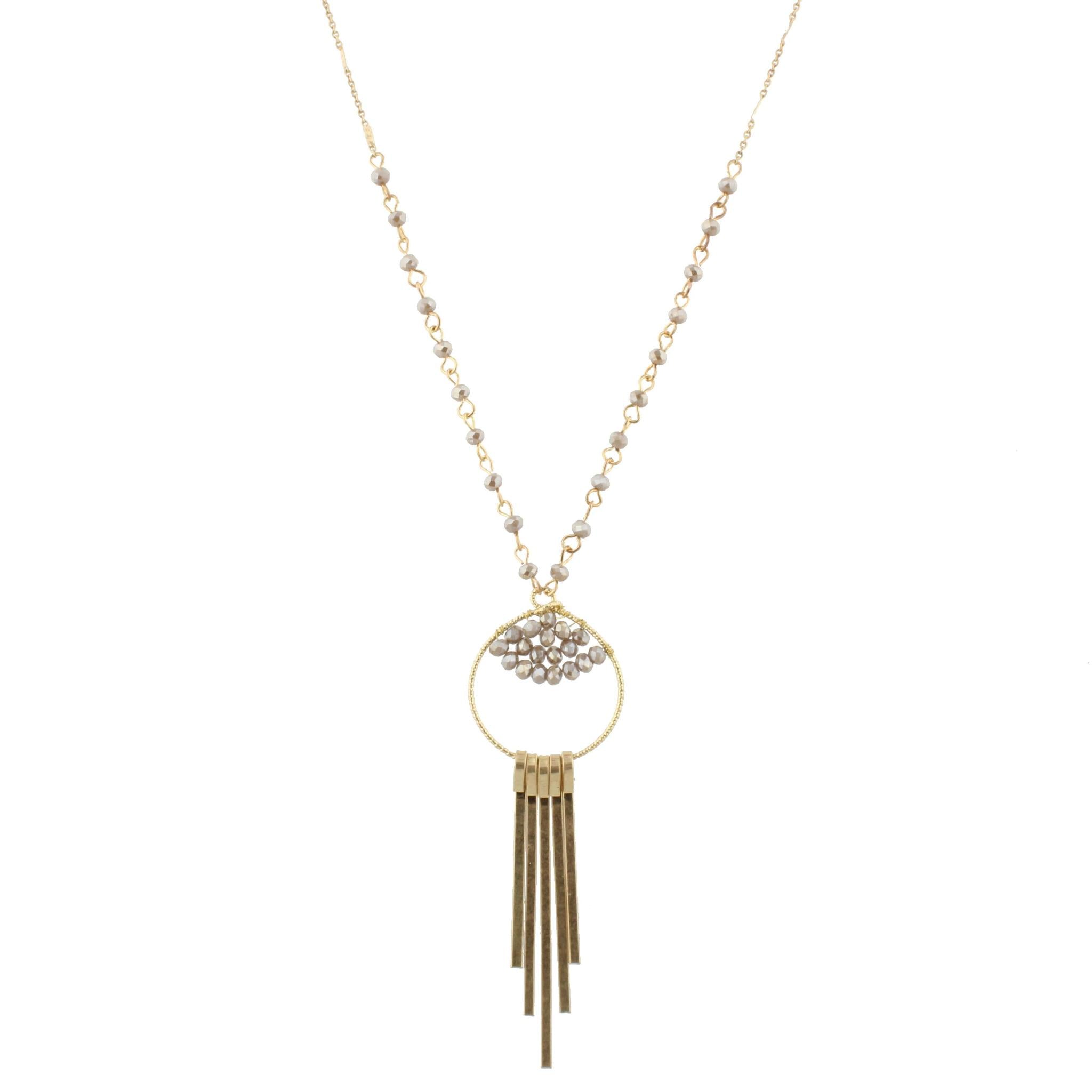 30" Partial Greige Linked Necklace with Bead Weave Circle and Gold Fringe, 3" Ext