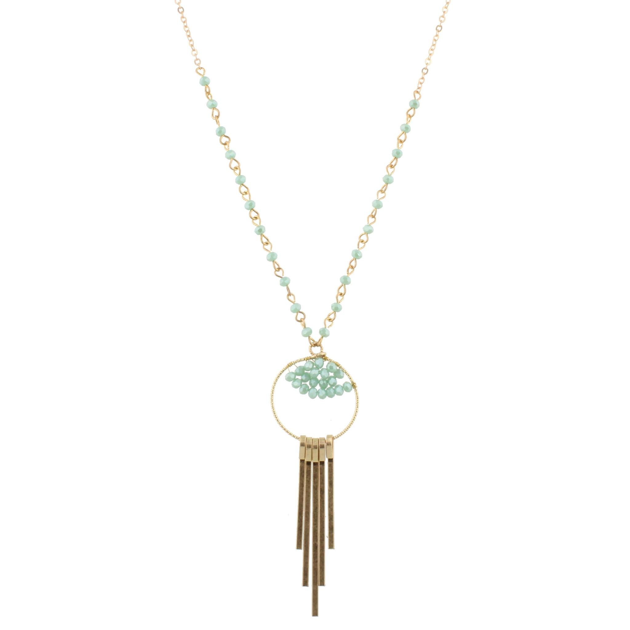 30" Partial Mint Linked Necklace with Bead Weave Circle and Gold Fringe, 3" Ext