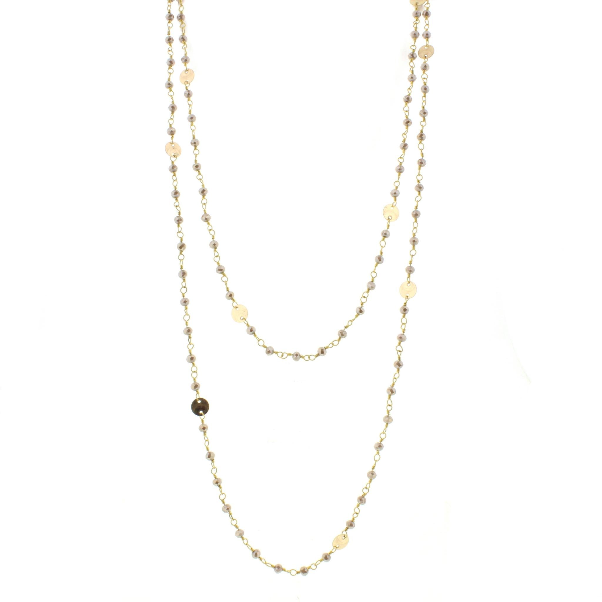60" Greige Wire Wrapped Link Necklace with Gold Disks and Lobster Claw