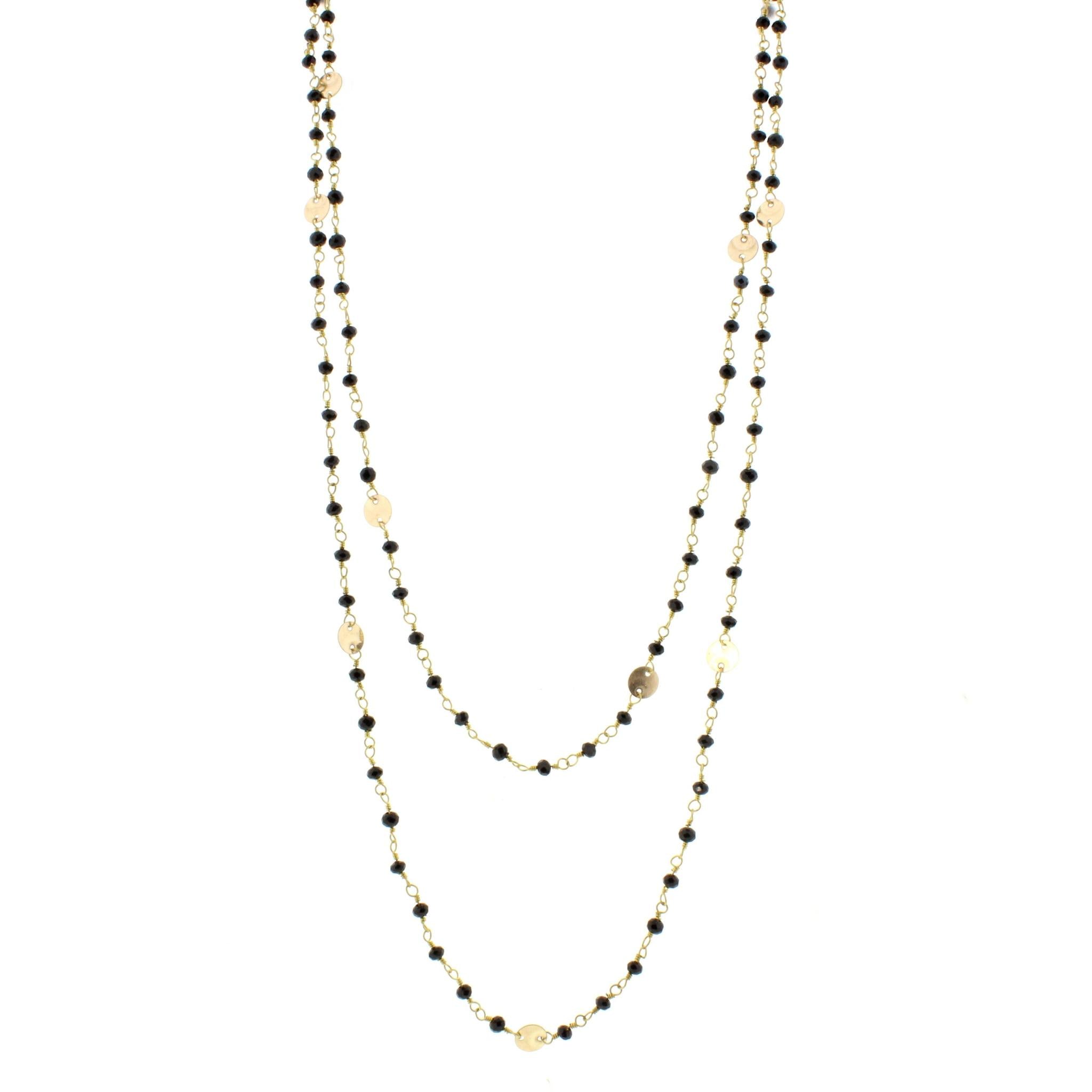60" Jet Wire Wrapped Link Necklace with Gold Disks and Lobster Claw