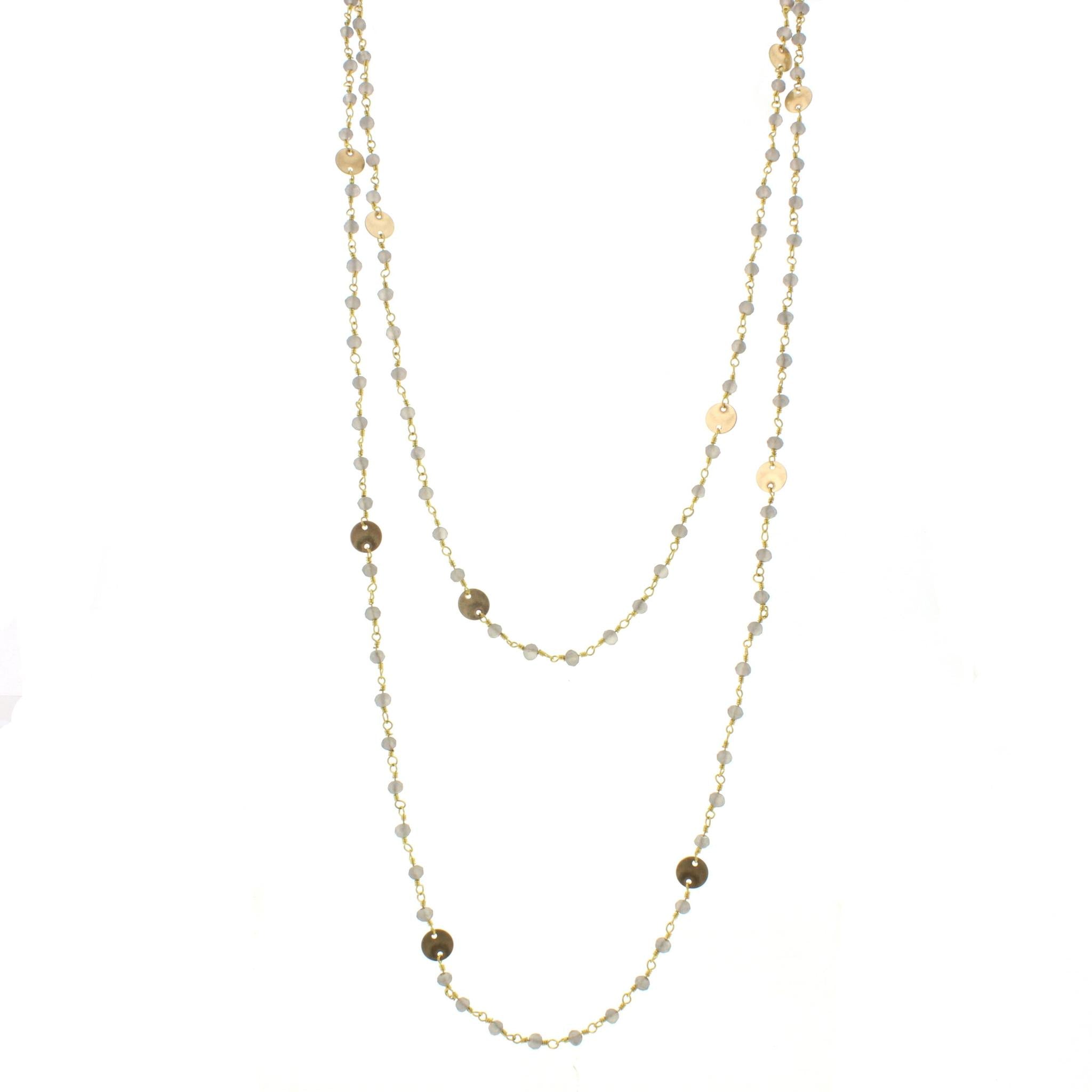 60" Matte Grey Wire Wrapped Link Necklace with Gold Disks and Lobster Claw