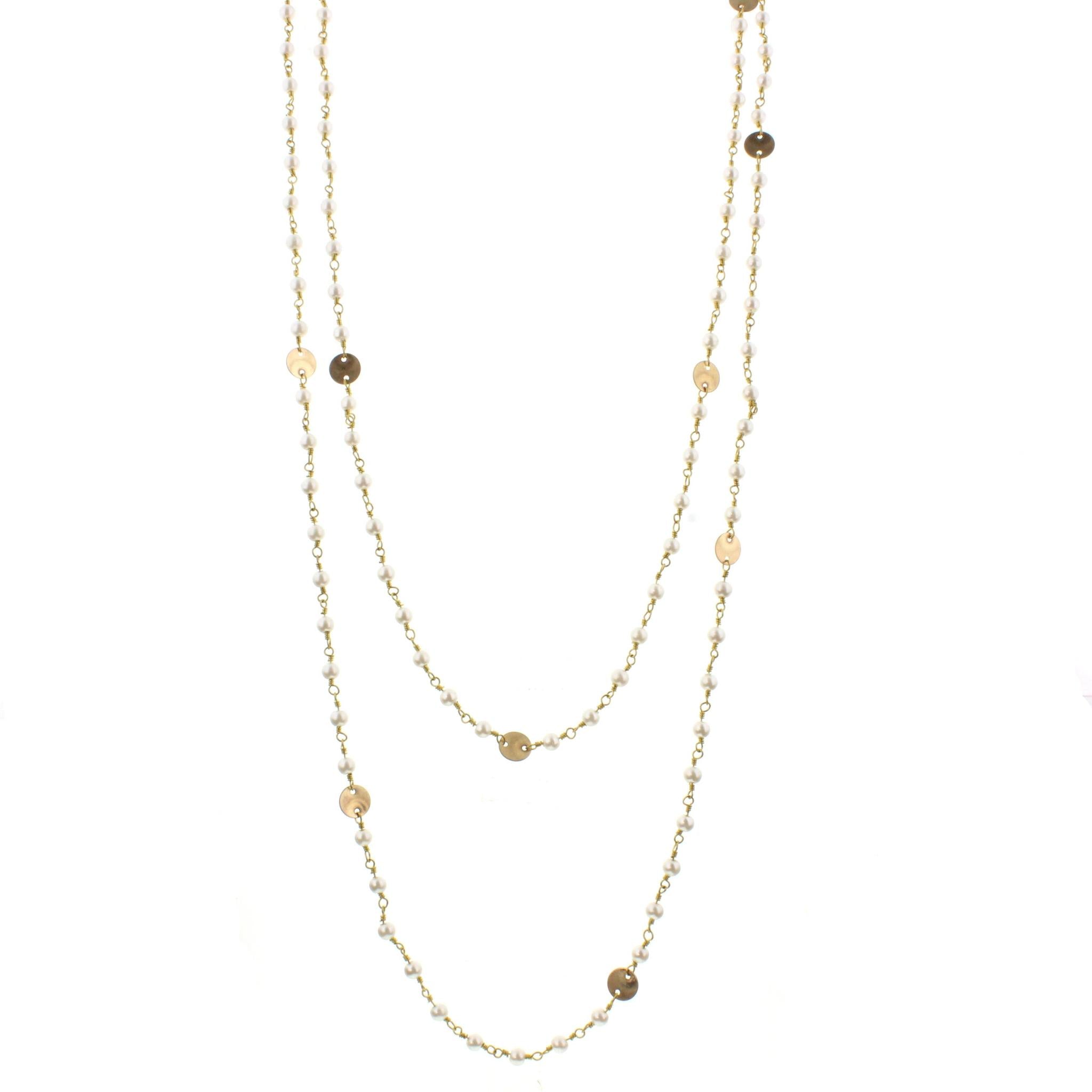 60" Pearl Wire Wrapped Link Necklace with Gold Disks and Lobster Claw