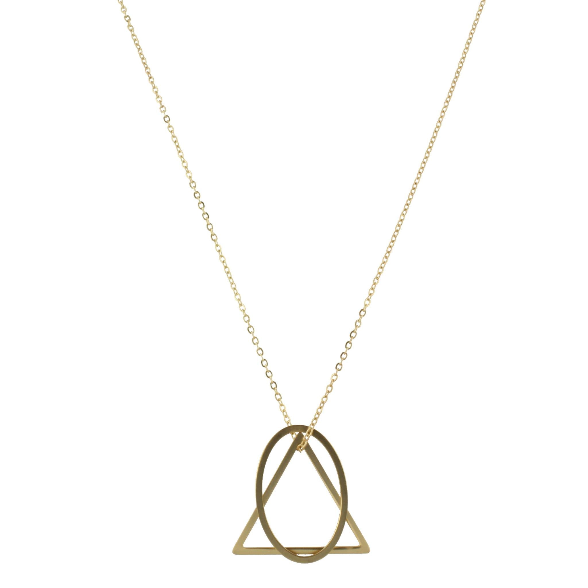32" Gold Chain Necklace with Gold Triangle and Oval Layered Icons, 3" Ext