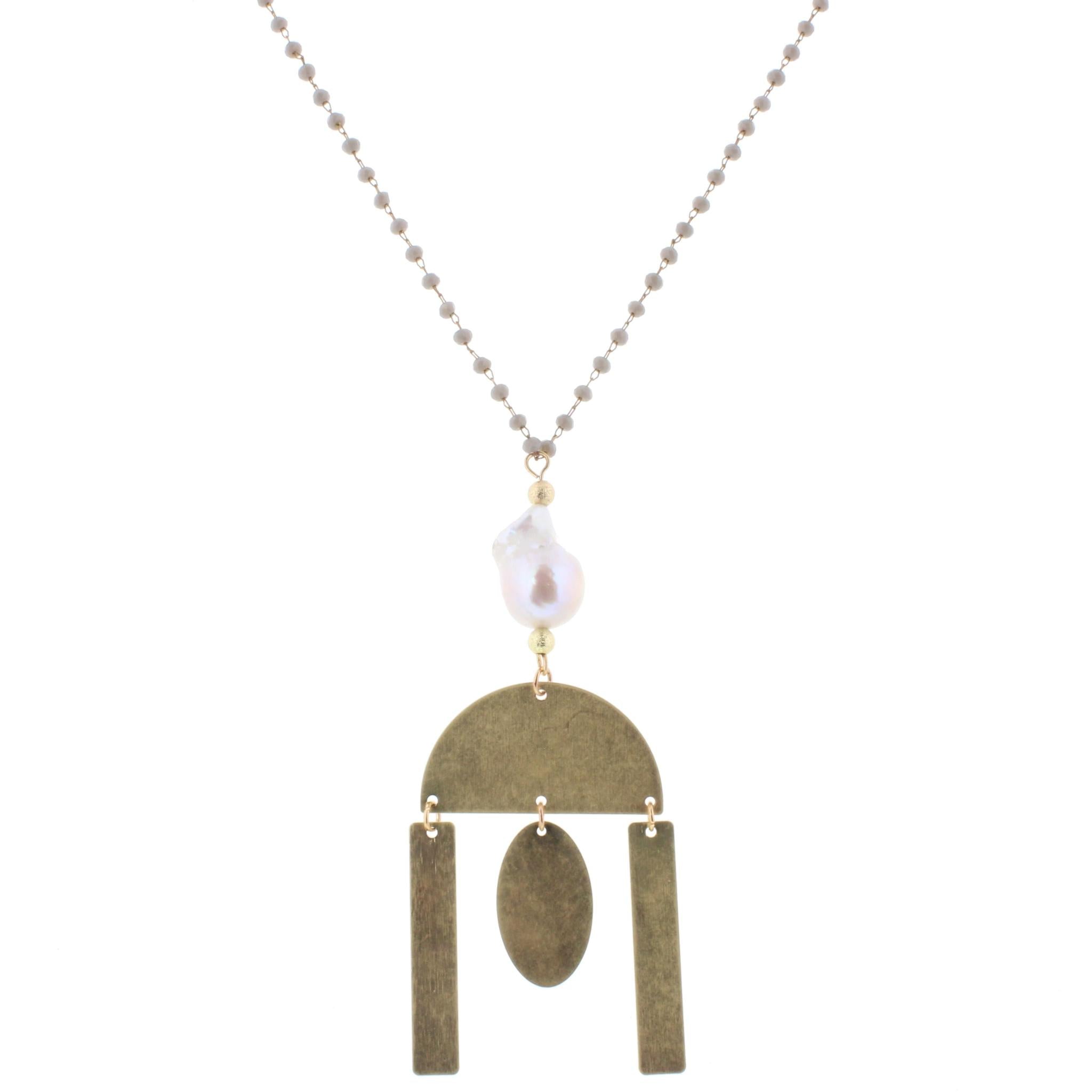 30" Delicate Grey Linked Necklace with Baroque Pearl and Multi Shape Dangles, 3"Ext