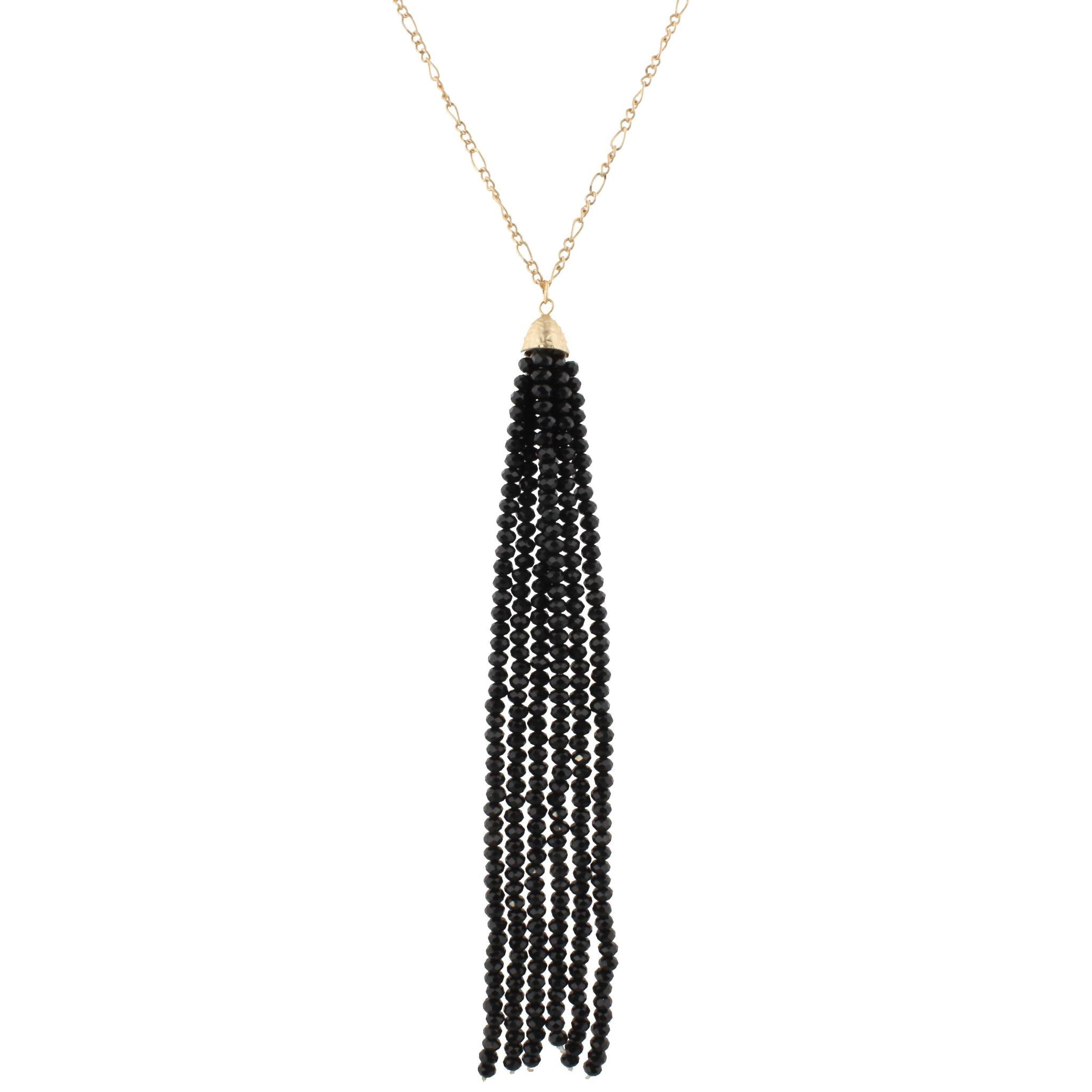 32" Gold Chain Necklace with Black 6.5" Beaded Tassel, 3" Ext