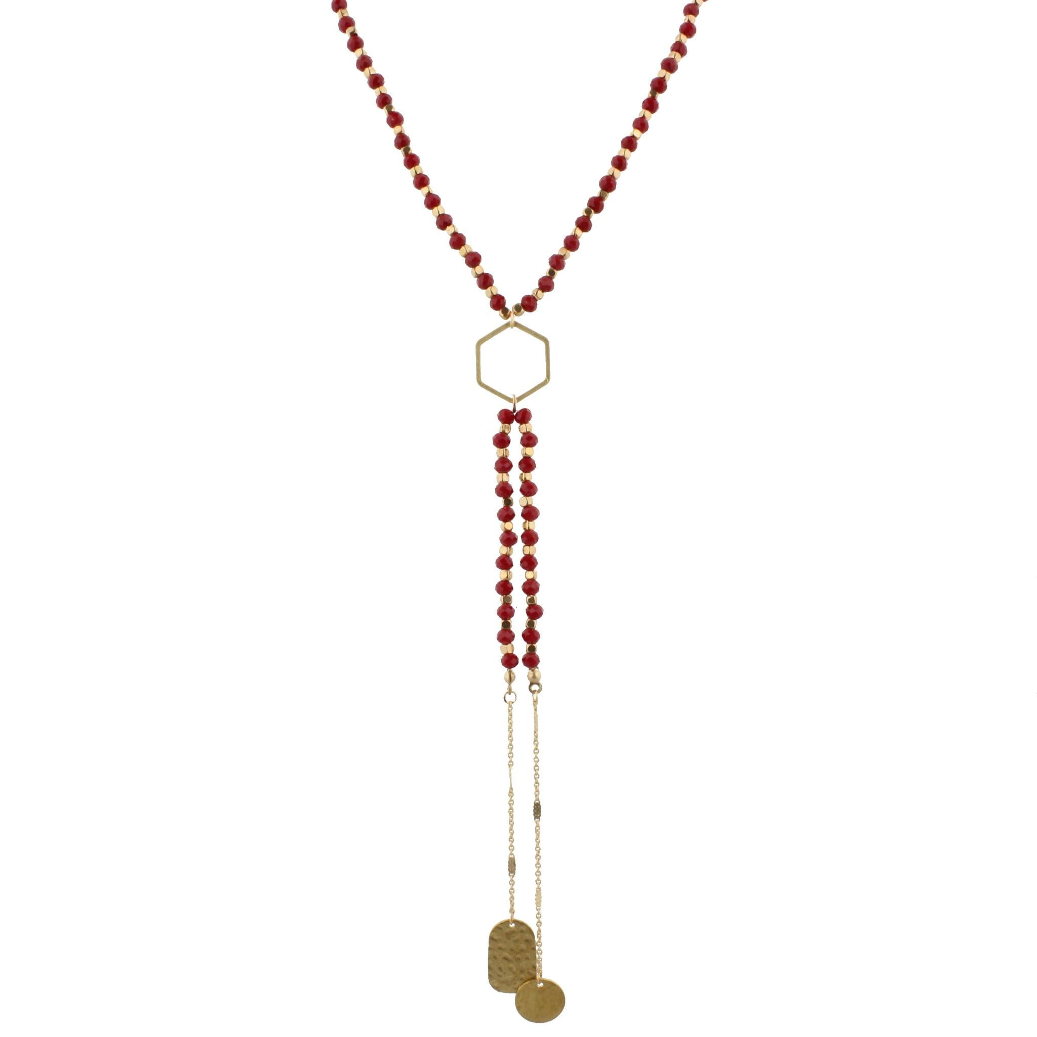 32" Maroon Beaded, Hexagon Y Necklace with Two Strand Dangles, 3" Ext