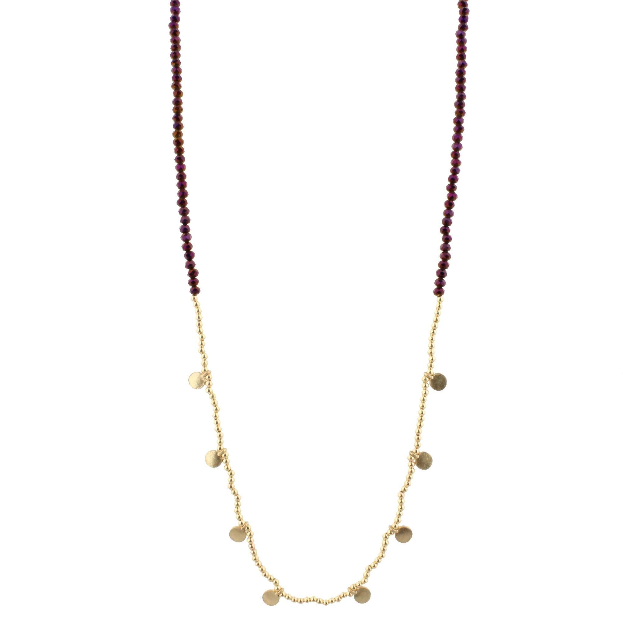 32" Purple Beaded Necklace with Gold Beads and Gold Disks, 3"Ext
