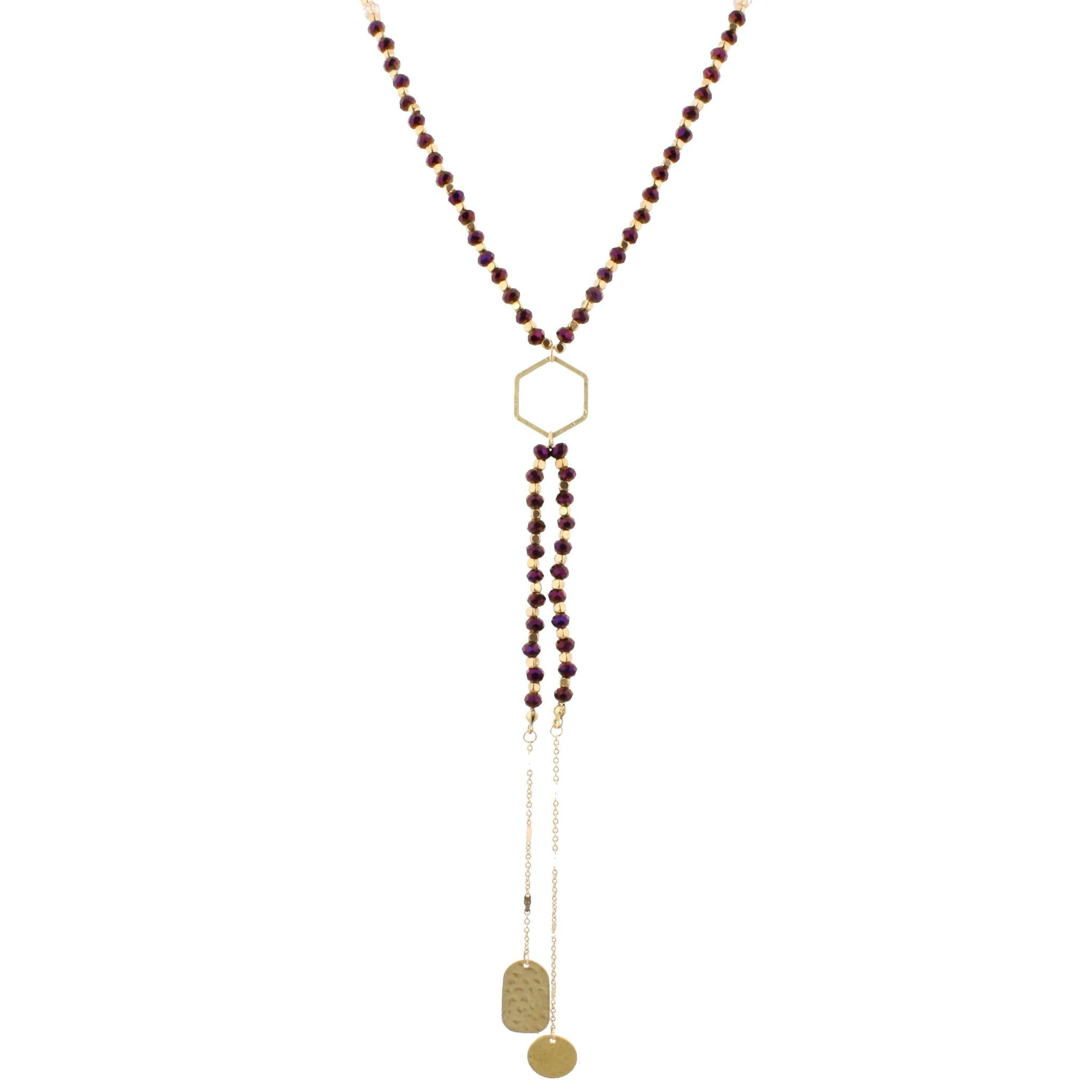 32" Purple Beaded, Hexagon Y Necklace with Two Strand Dangles, 3" Ext