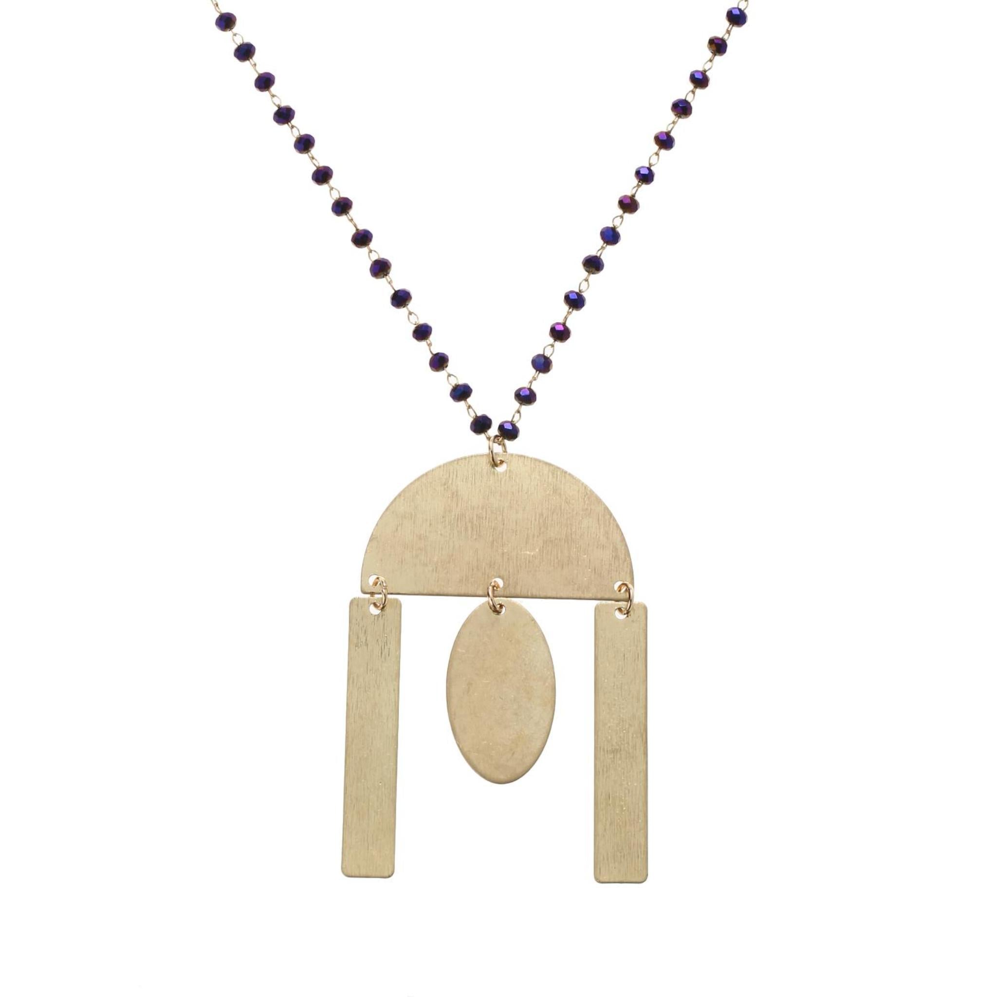 32" Delicate Purple Linked Necklace with Gold Semi Circle with Multi Shape Dangles, 3" Ext