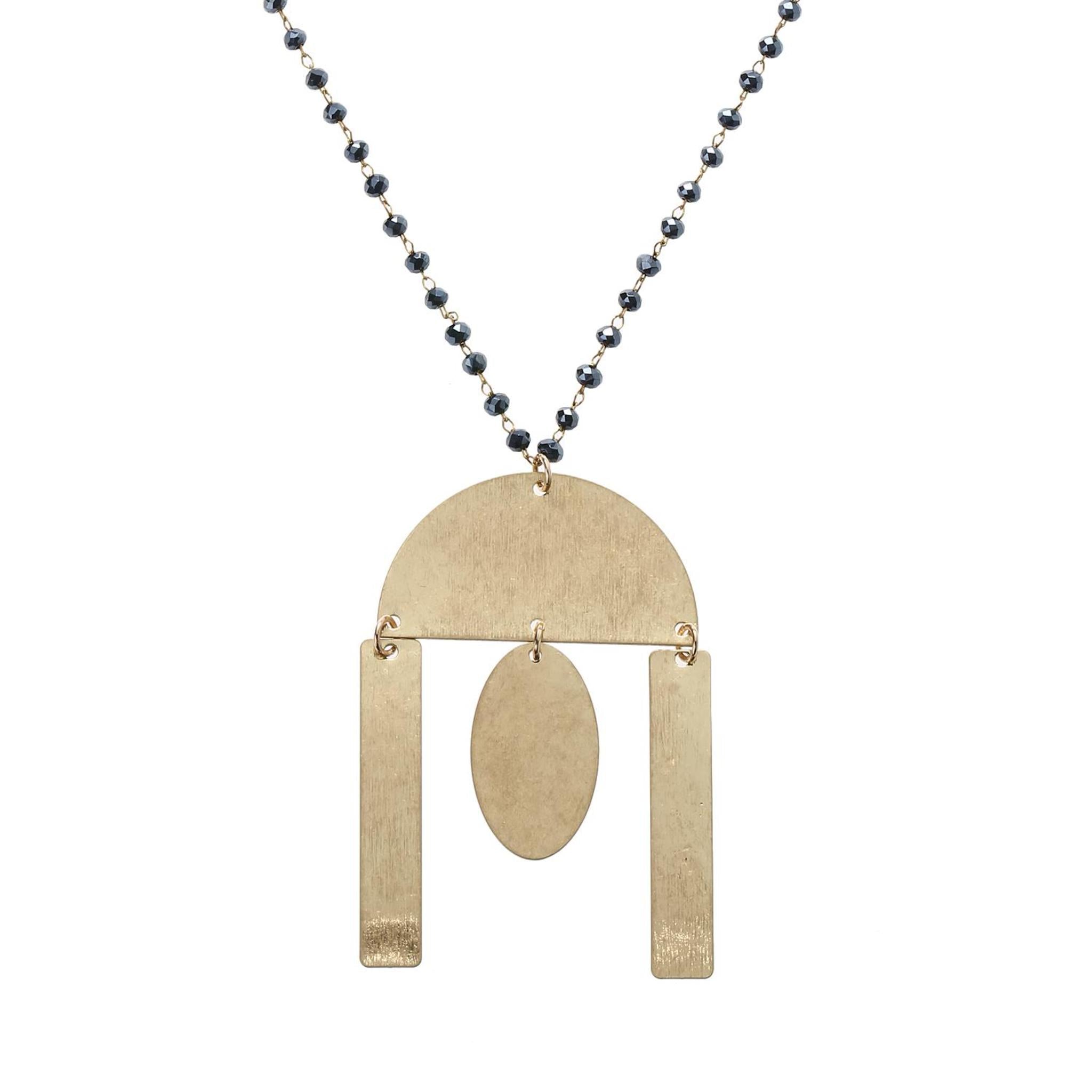 32" Delicate Navy Linked Necklace with Gold Semi Circle with Multi Shape Dangles, 3" Ext