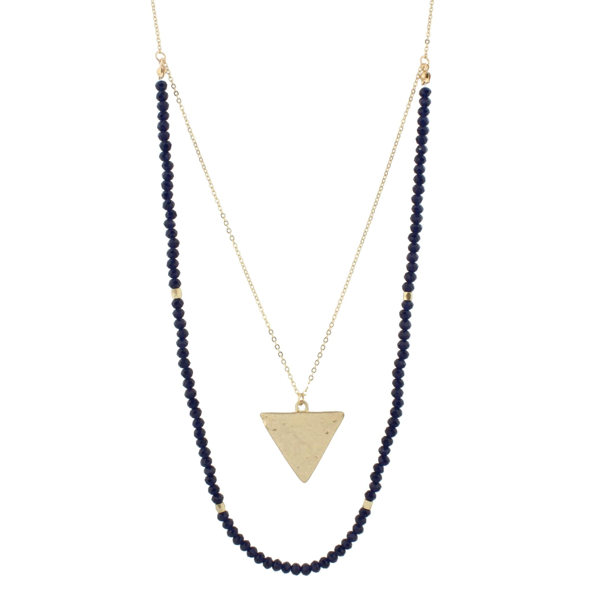 32" Navy Beaded Double Layer Necklace with Gold Triangle, 3 Ext