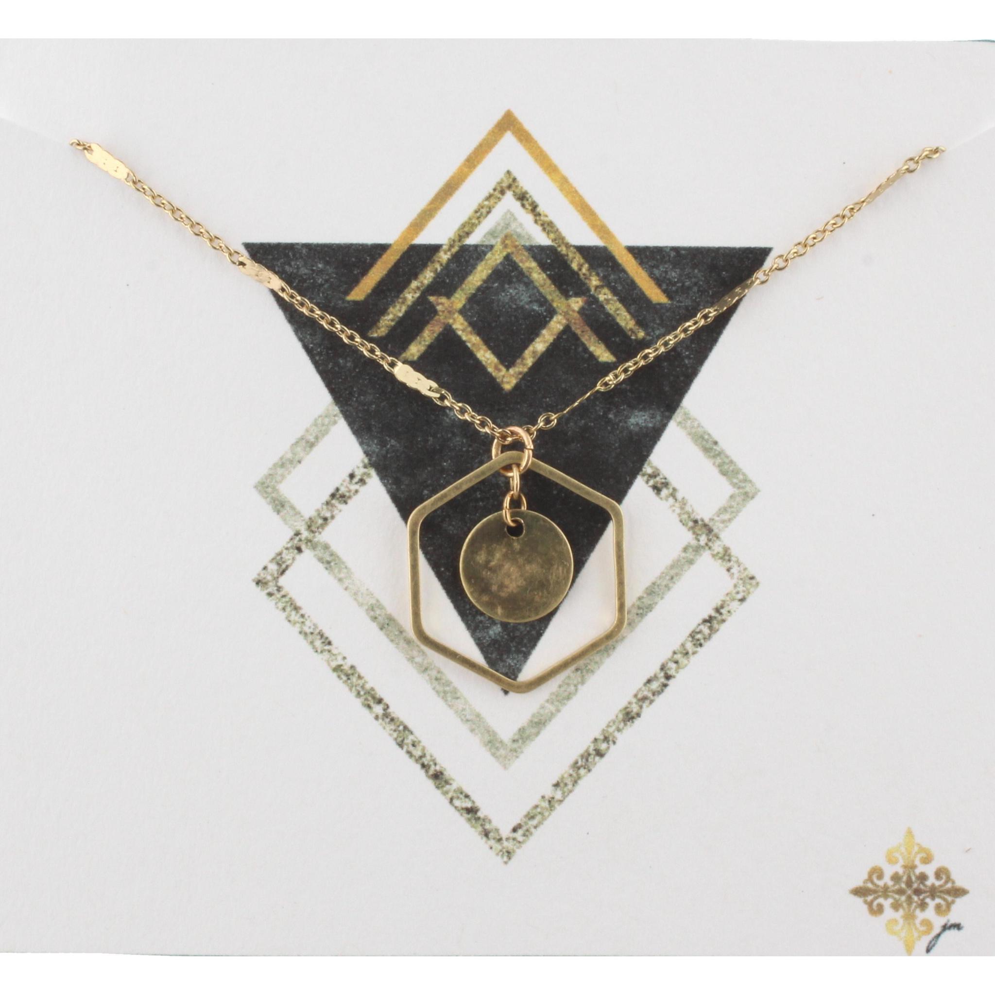 16" Gold Chain Necklace with Disk Inside Hexagon, 3" Ext