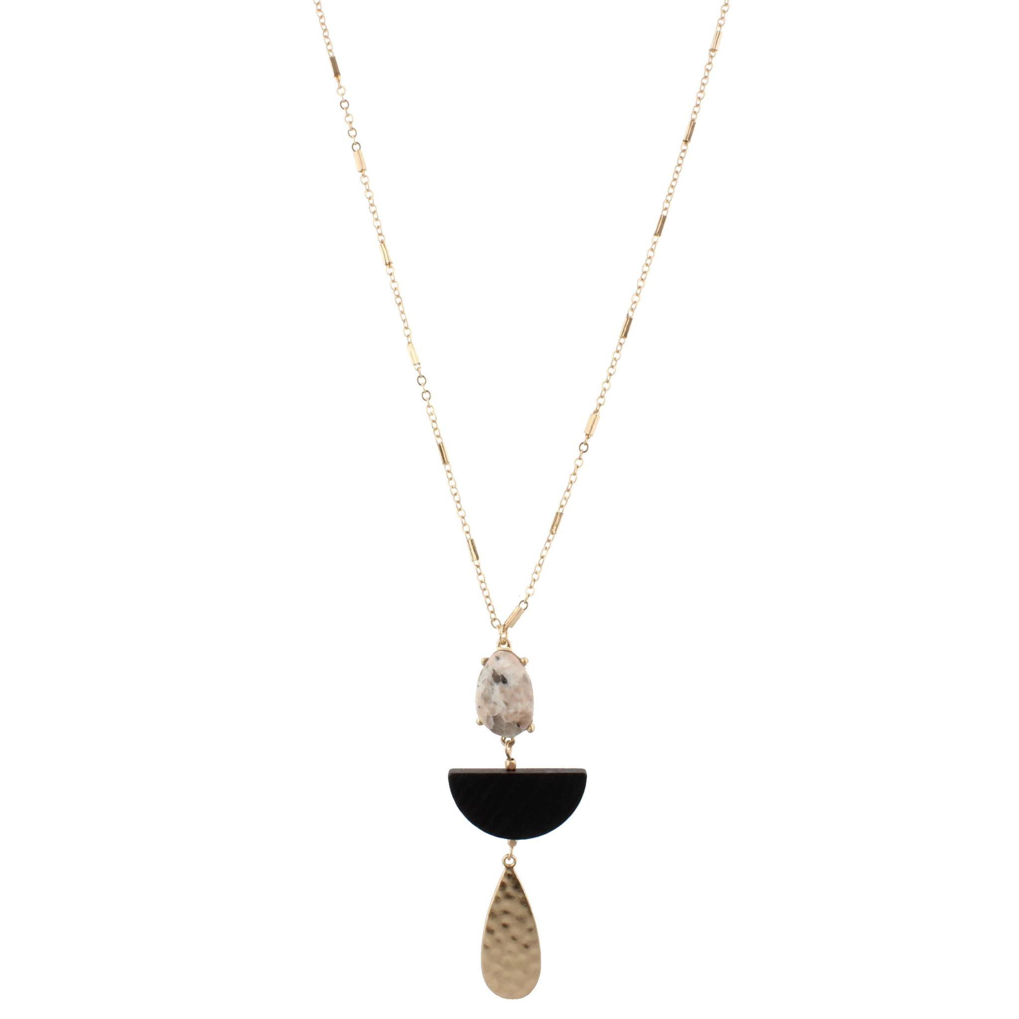 32" Gold Chain Necklace with Ocean Jasper Stone, Black Wooden Half Circle, Gold Teardrop, 3" Ext