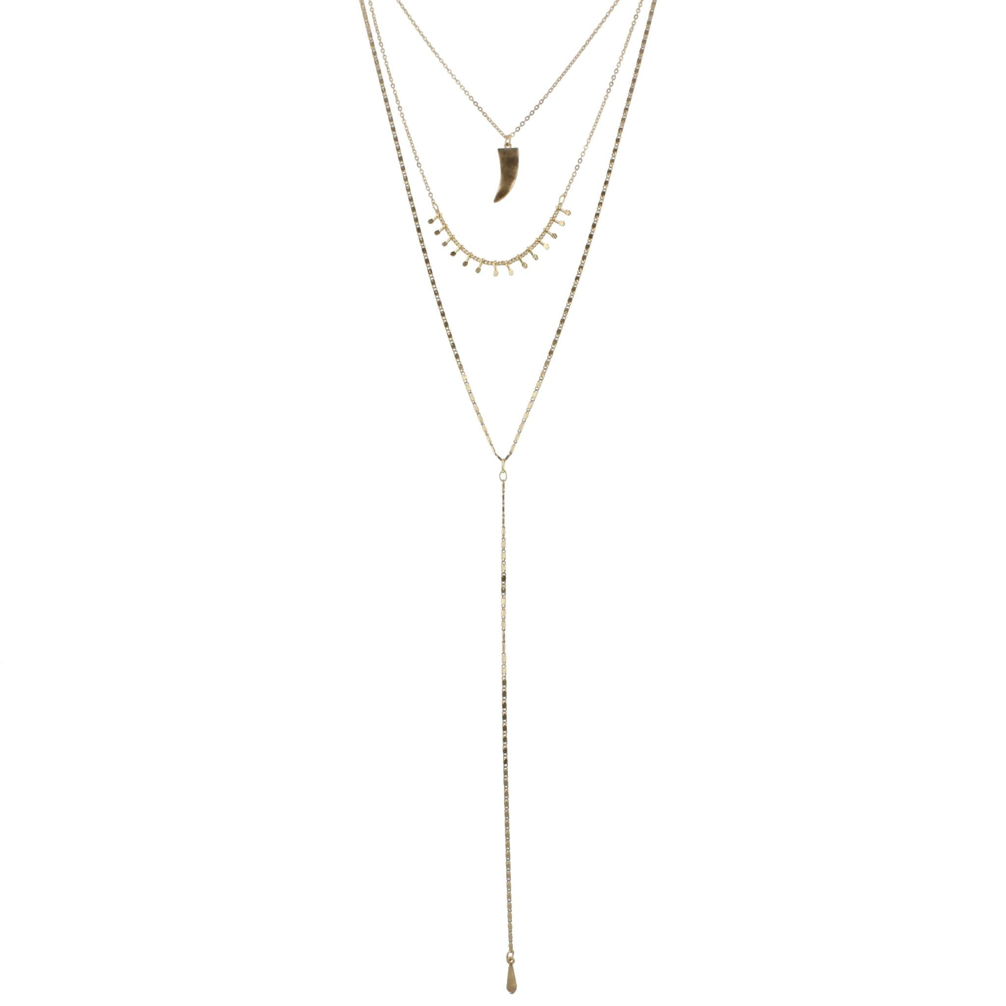 3 Layer Y Necklace with Horn and Fringe, 3" Ext
