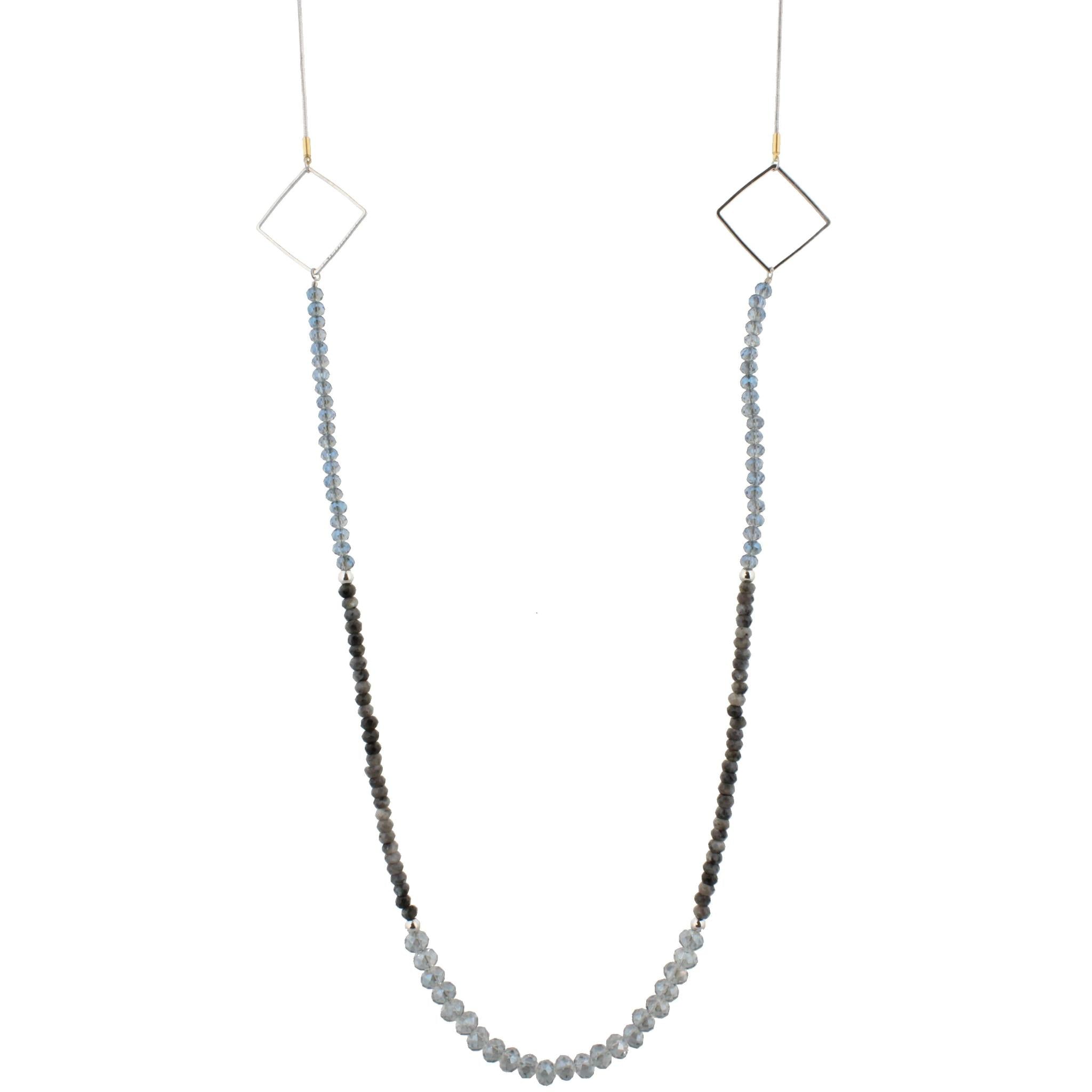 48" Blue and Labrodite Beaded Necklace with Square Stations