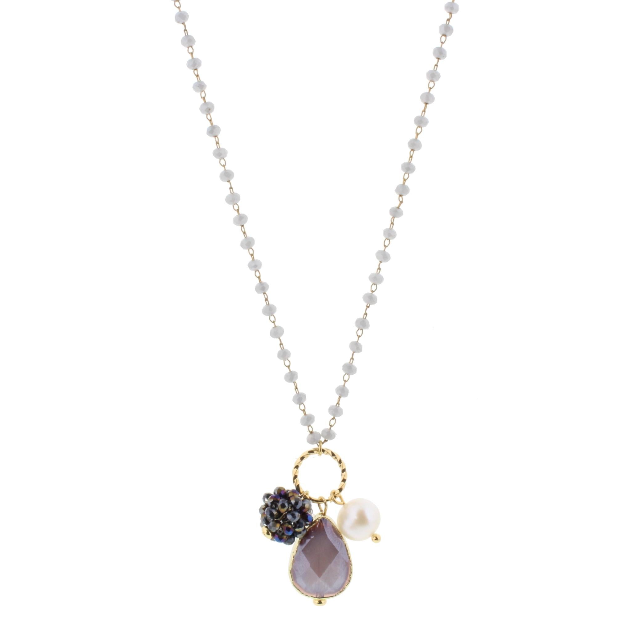 22" Delicate Grey Linked Necklace with Purple Teardrop Agate, Freshwater Pearl, Purple Crystal Ball, 3" Ext