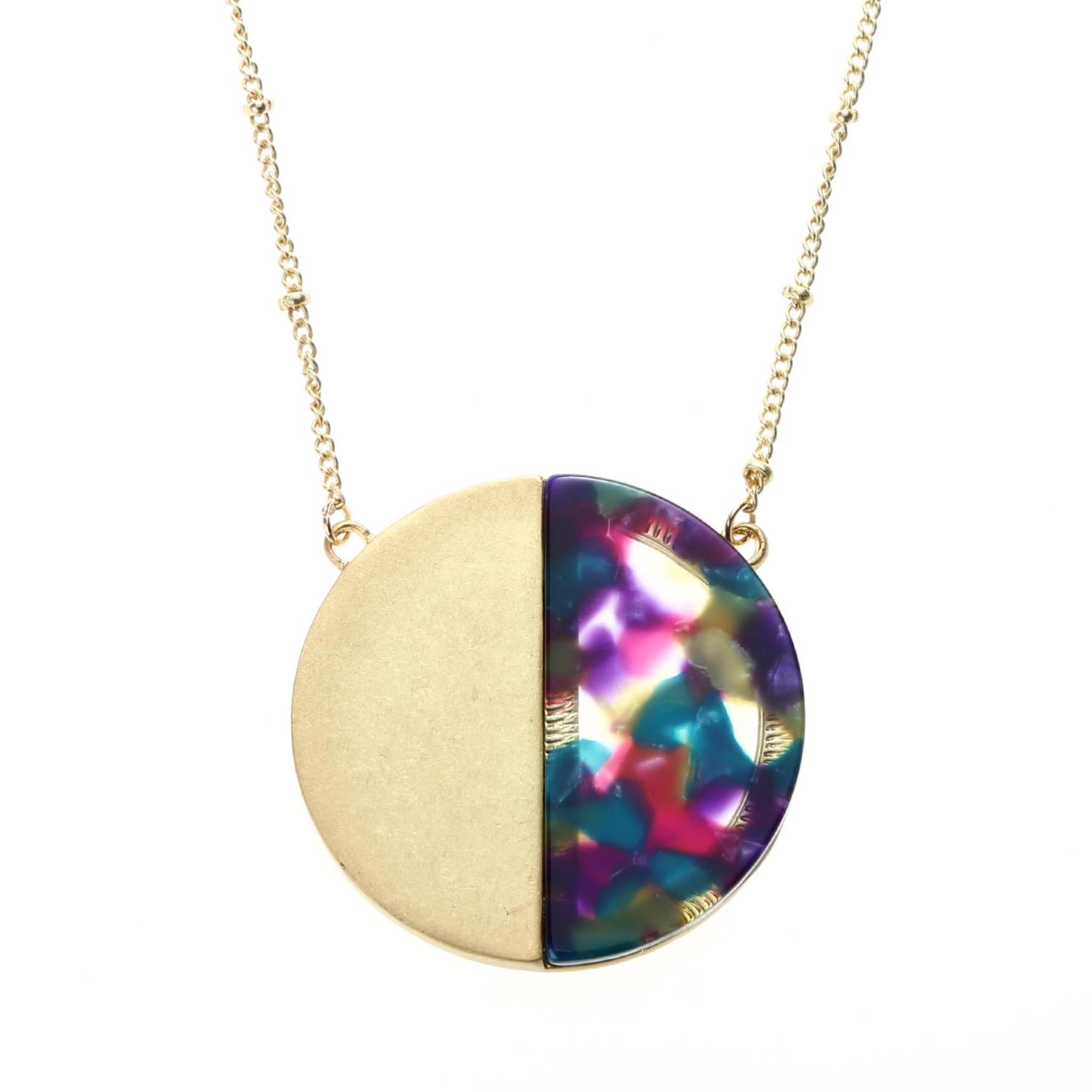 14" Chain Necklace with Half Pink/Purple/Turquoise Resin Circle, 3" Ext