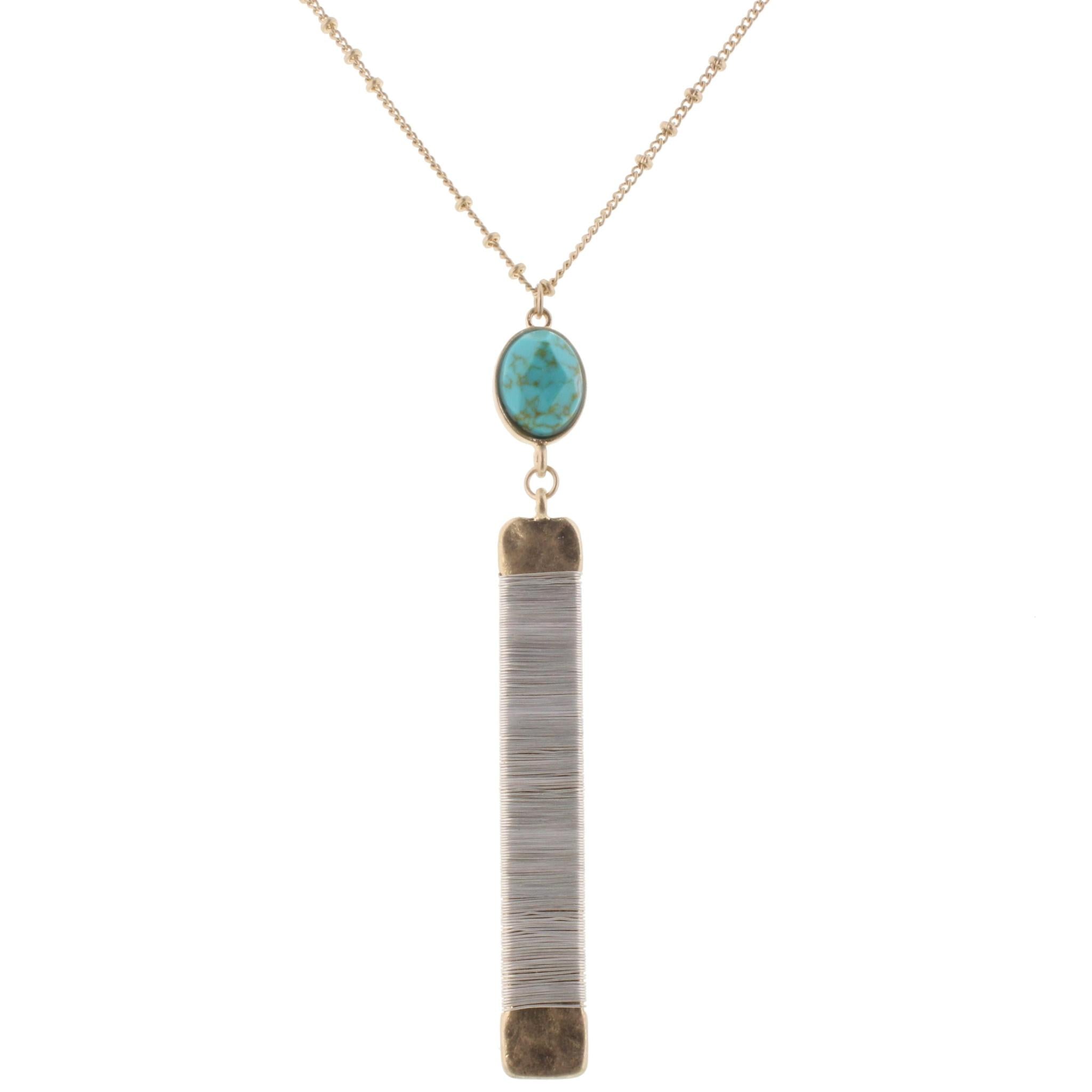32" Rectangle Necklace with Turquoise Stone, 3" Ext