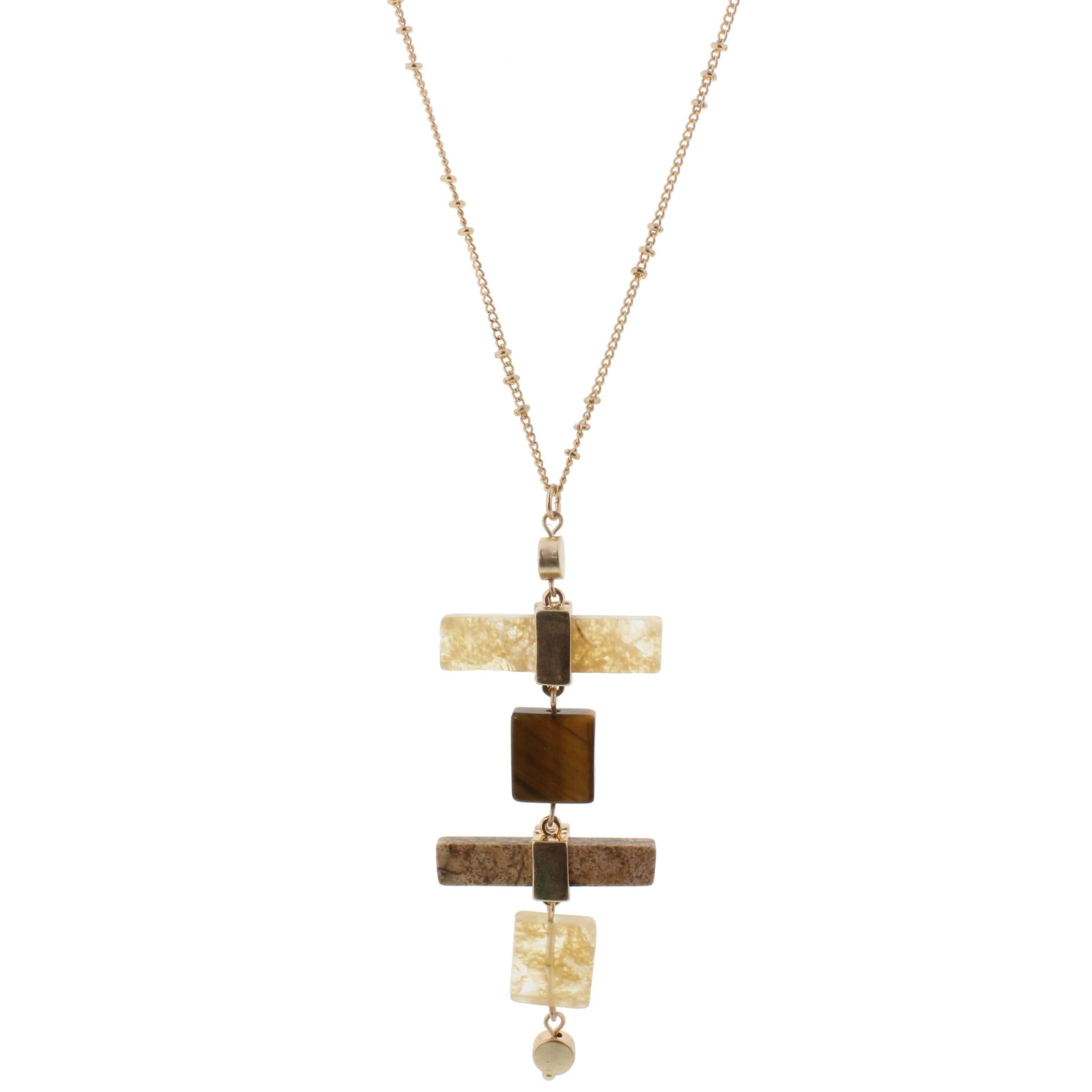32" Necklace with Stone Stack, Natural, Tigers Eye, Picture Jasper and Natural, 3" Ext